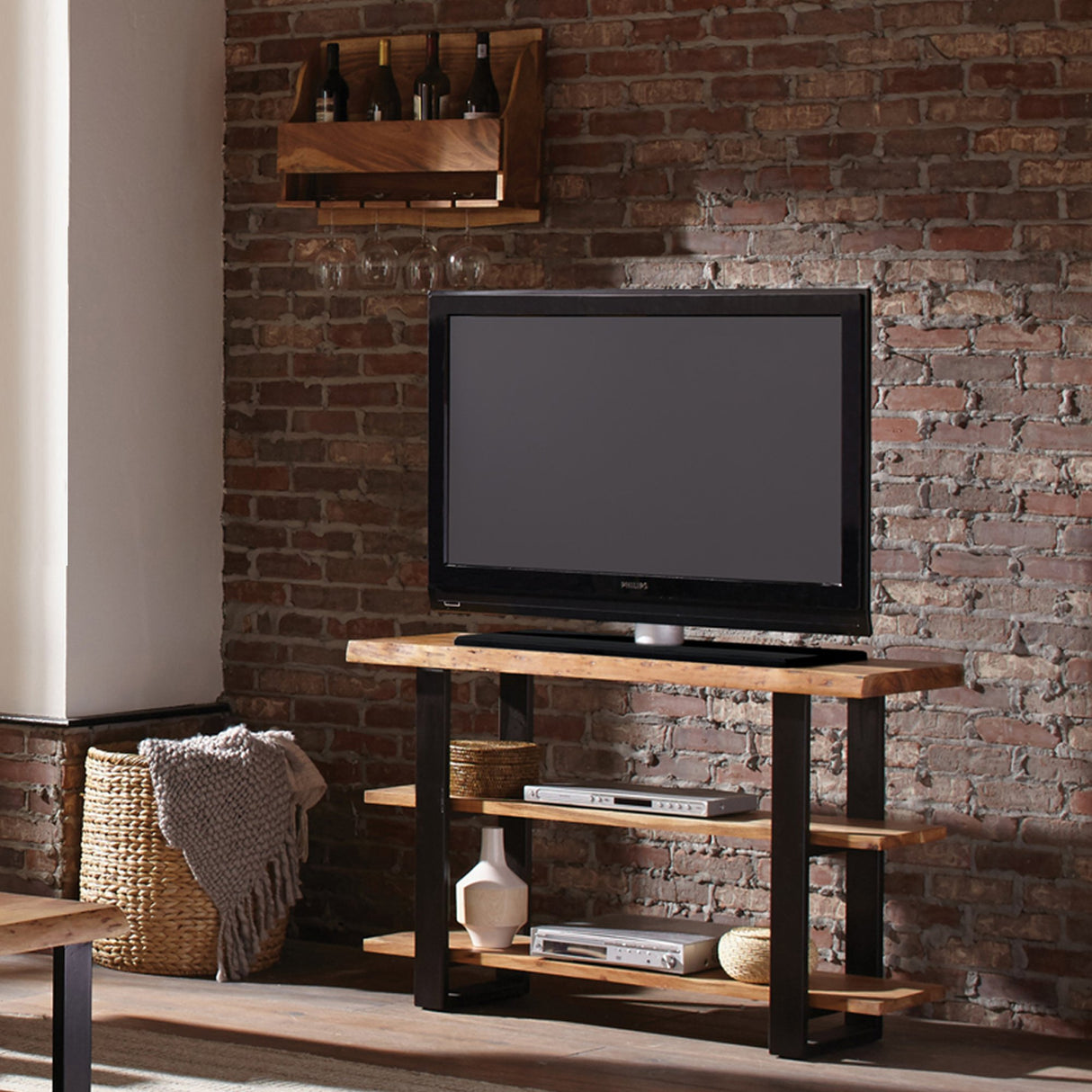 Alaterre Furniture Alpine Natural Wood Media Console Table Live Edge, 48 in x 16 in x 30 in, Brown/Black Alaterre Furniture