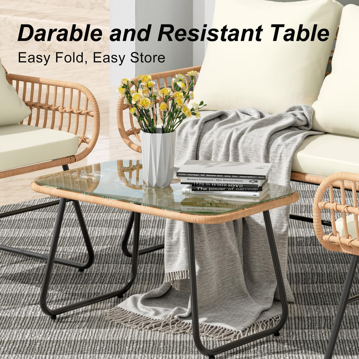 LEX CRAFT 4-Piece Outdoor Patio Furniture Set with Cushions & Tempered Glass Table, All-Weather Rattan Bistro Set with Loveseat Chairs Table Soft Cushions for Garden, Porch, Backyard (Beige) LEX CRAFT