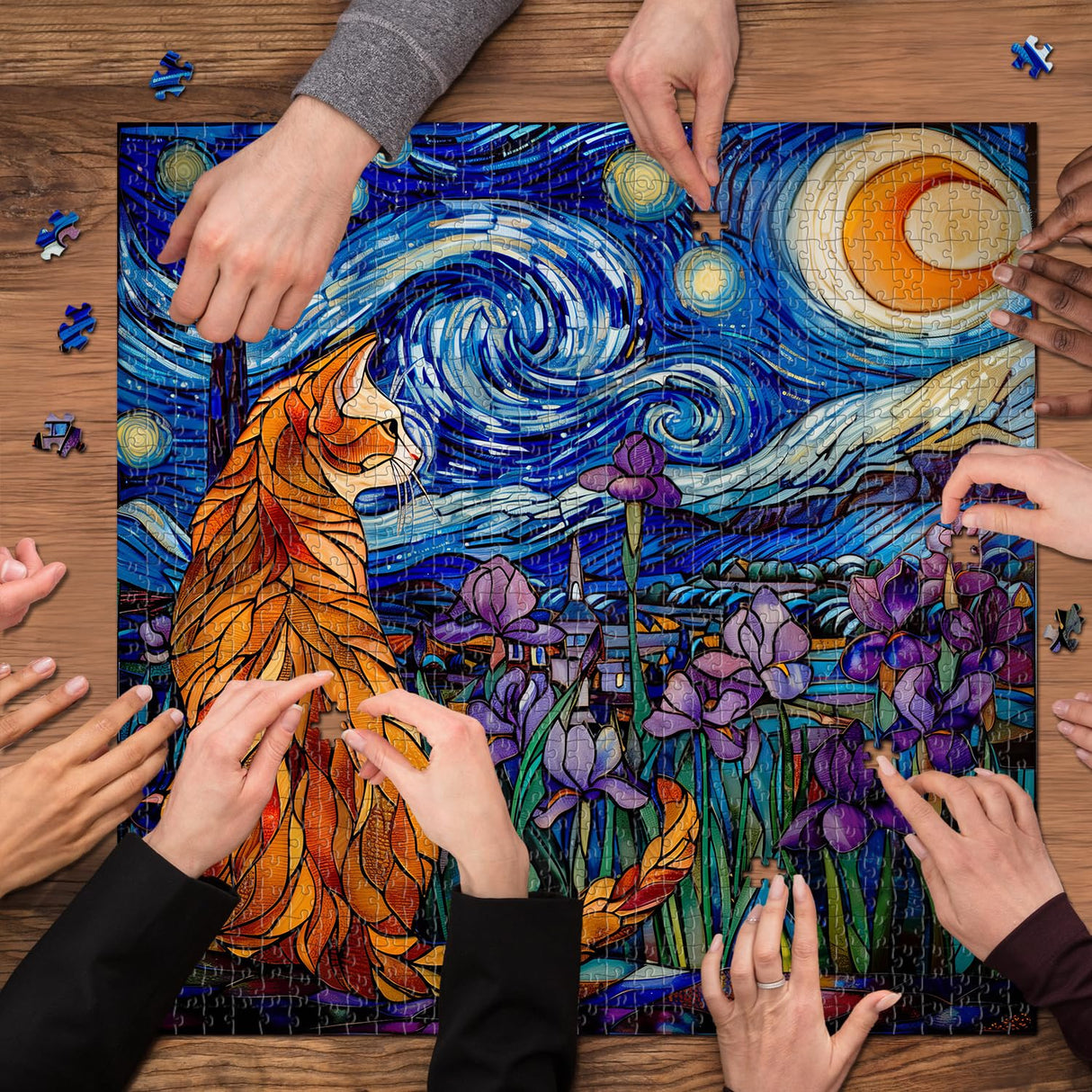 Cat Puzzles for Adults 1000 Pieces, PICKFORU Stained Glass Puzzles Feature Purple Iris Flowers, Starry Night, Moonlit Cat Flower Jigsaw Puzzle for Cat Lovers PICKFORU
