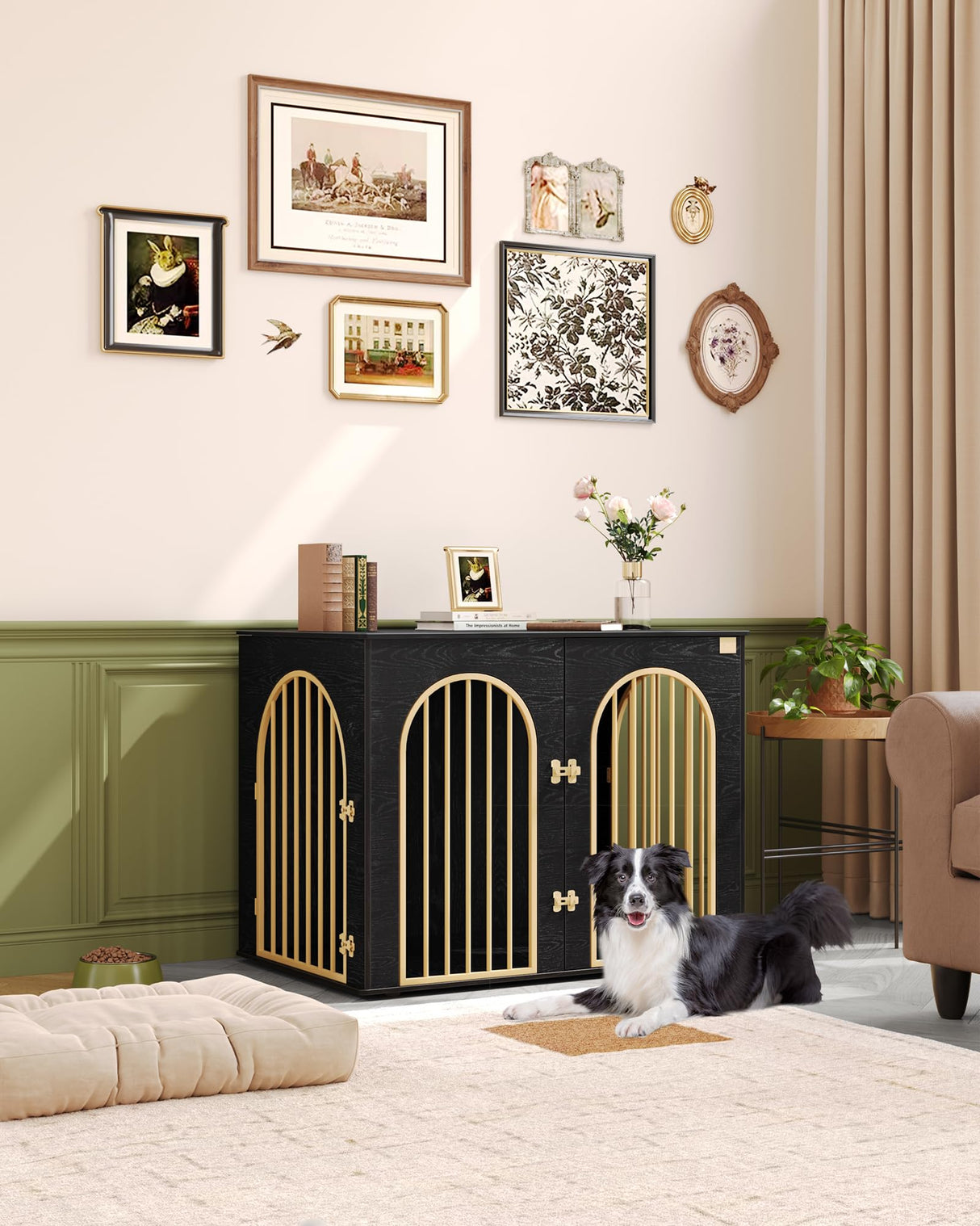 Hzuaneri 44.1'' Dog Crate Furniture, Dog Kennel Indoor Arched Door Design, 3 Door Wooden Dog Crate Furniture for Small/Medium/Large Dog, Side Table, TV Stand, Anti-Chew, Anti-Escape, Black Gold Hzuaneri