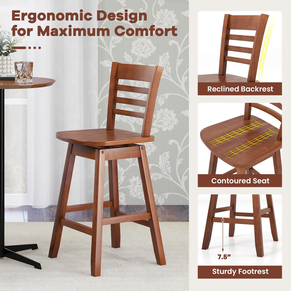 Giantex Wood Bar Stools Set of 2, 24.5" Swivel Counter Height Bar Stools with Slatted Hollow Back & Ergonomic Contoured Seat, Footrest, Farmhouse Wooden Barstools for Kitchen Island, Bar, Cafe, Walnut Giantex