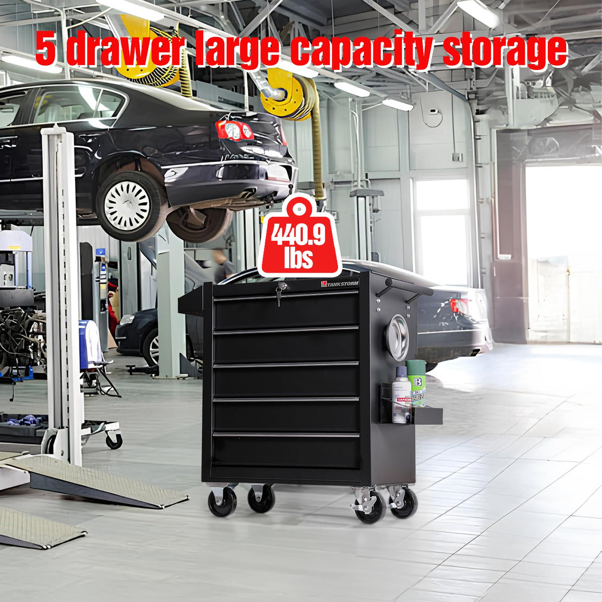 TANKSTORM Tool Chest Heavy Duty Cart Steel Rolling Tool Box 5 Drawer Cart (TZ35-BK) TANKSTORM