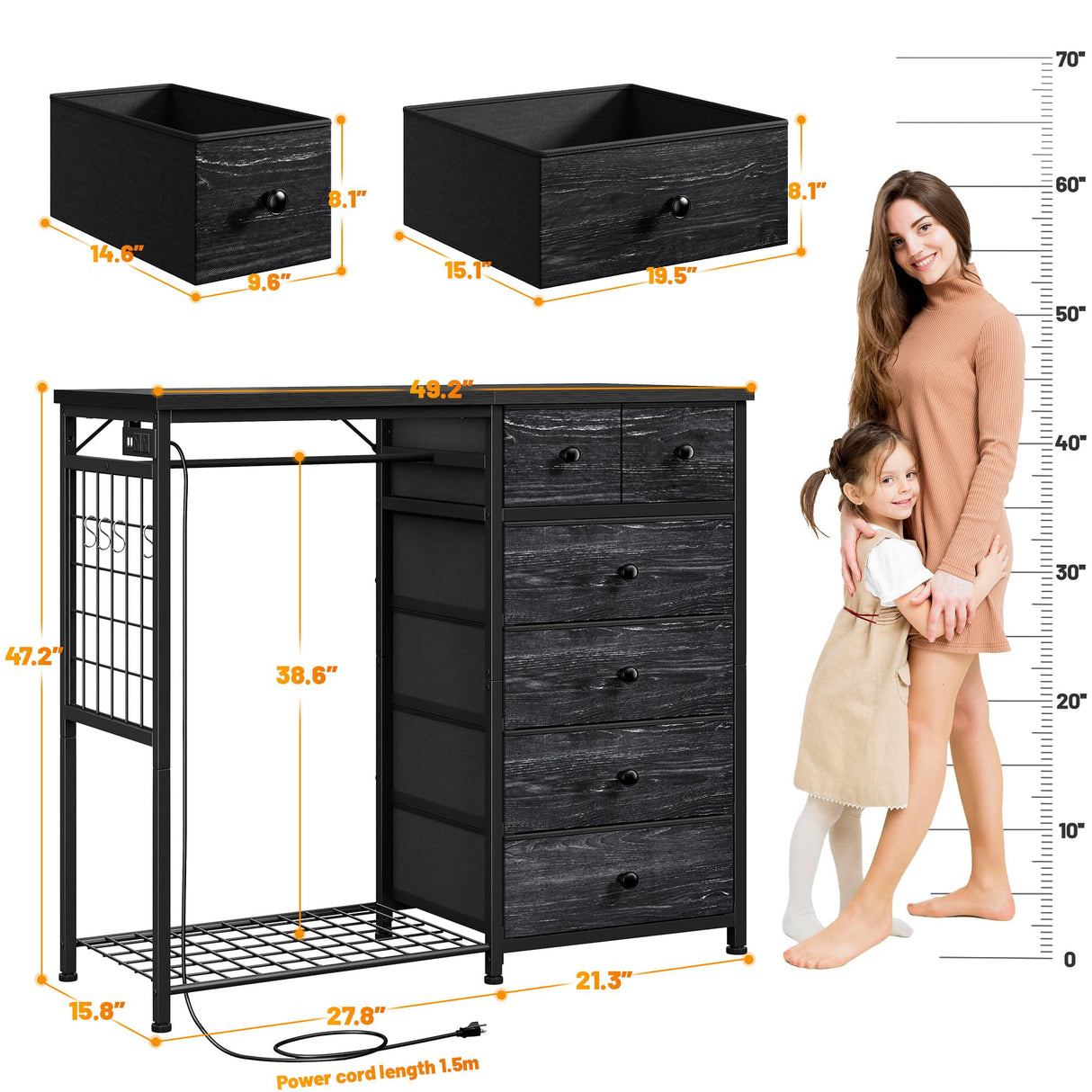 EnHomee 49.2" W Dresser for Bedroom with Hanging Rack 6 Drawers Dresser with LED Lights Fabric Dressers & Chest of Drawer with Clothes Rack,Wooden Top,Grid Panel,Closet,Black 49.2" Wx47.2 Hx15.8 D EnHomee