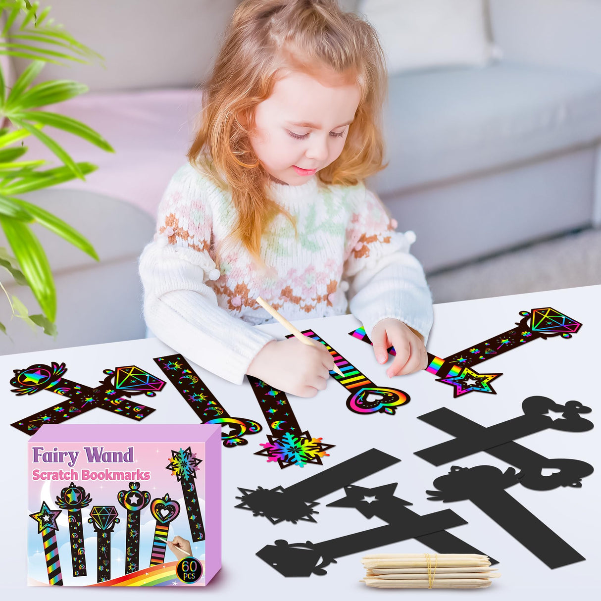 CY2SIDE 60PCS Princess Fairy Wand Scratch Bookmarks for Girls, Make Your Own Fairy Stick Scratch Paper Magic Wands Bookmark, DIY Princess Stick Rainbow Crafts Ornaments for Kids Birthday Party CY2SIDE