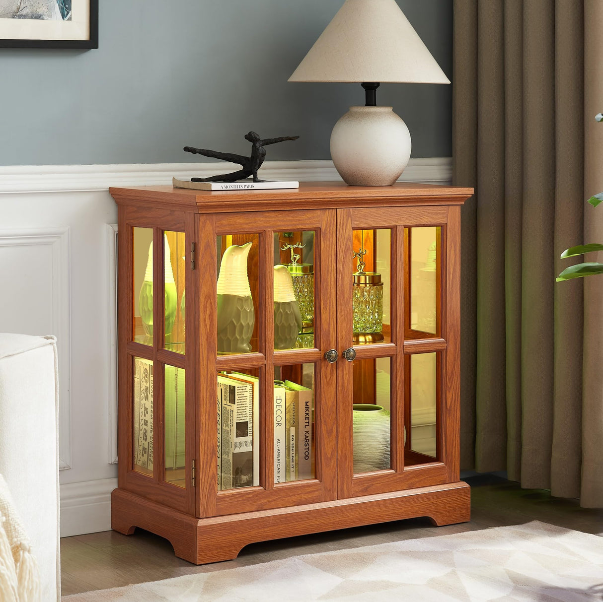 Eyisean 32"H Small Curio Cabinet with 7 Color Lights for Collectibles, Smartphone-Controlled, LED Glass Display Cabinet with Tempered Glass Doors and Adjustable Shelves, China Cabinet for Living Room Eyisean