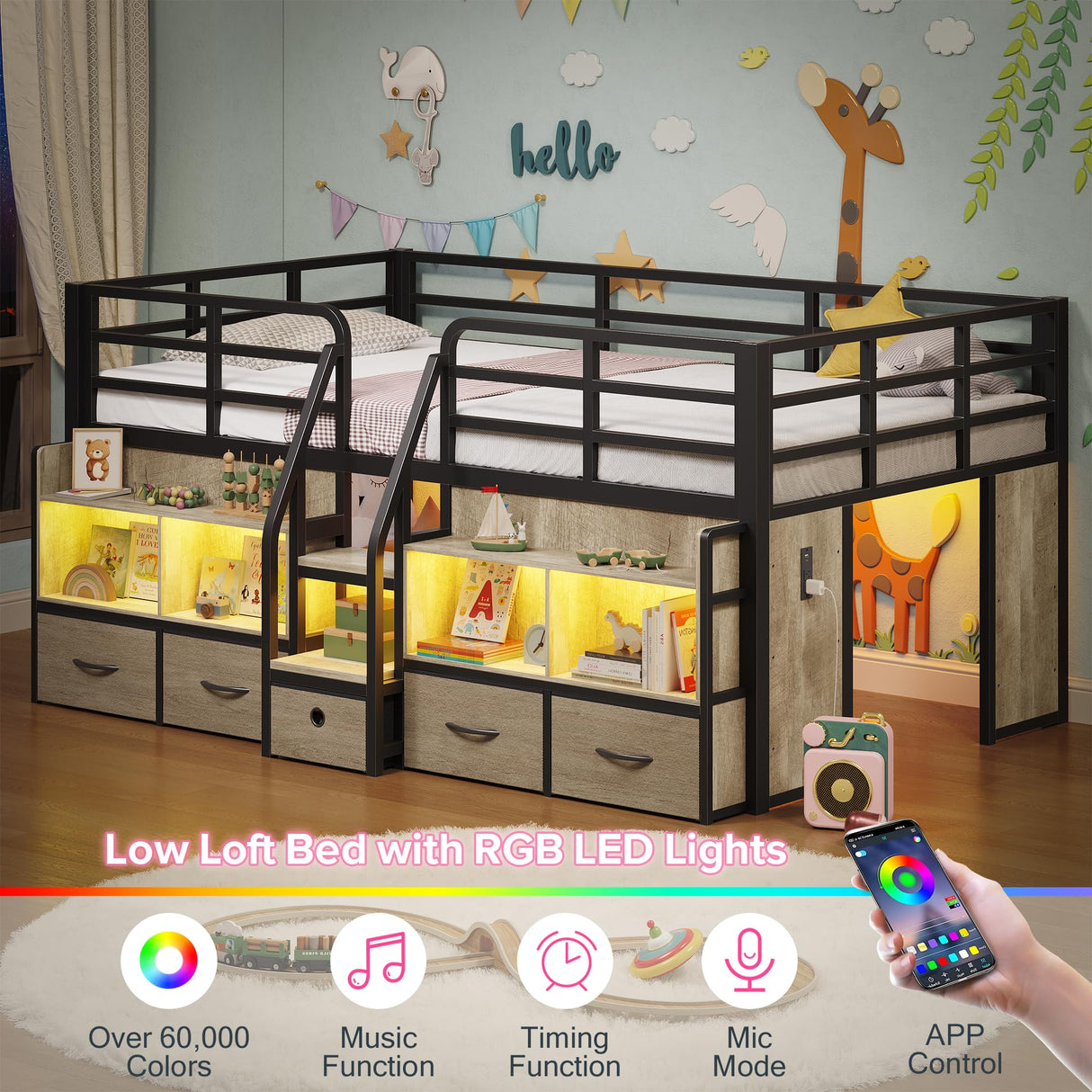 BYSAUD Twin Loft Bed, Low Loft Bed Twin with 5 Drawers, 6 Storage Bookcase & Under-Bed Play Space, Loft Beds for Kids with LED Lights & Charging Station, 15.8" H Safety Guardrails, Oak Gray BYSAUD