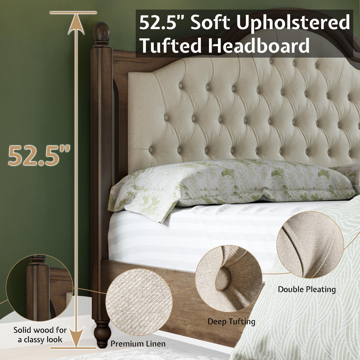 YUMPIE Solid Wood King Bed Frame, Transitional Platform Bed with 52.5" Tufted Upholstered Headboard, Rubberwood Construction, Roman Column Accents, No Box Spring Needed YUMPIE