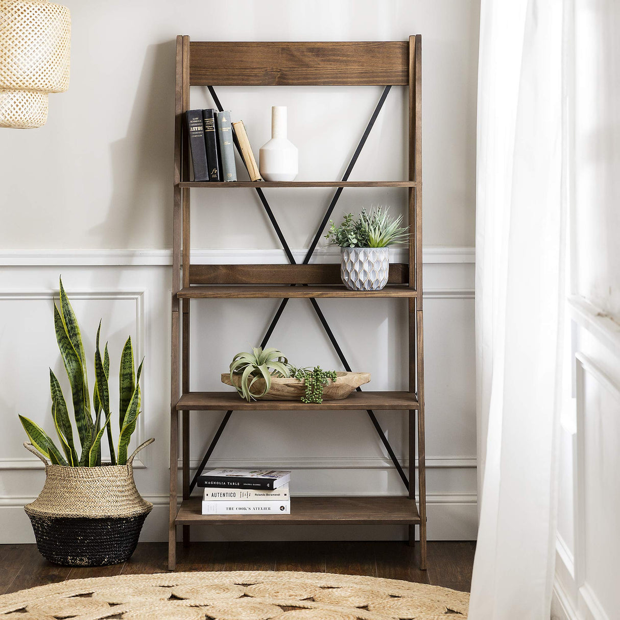 Stylish Brown Wood Bookcase with X Back Design - 4 Shelf Modern Farmhouse Storage Unit Walker Edison