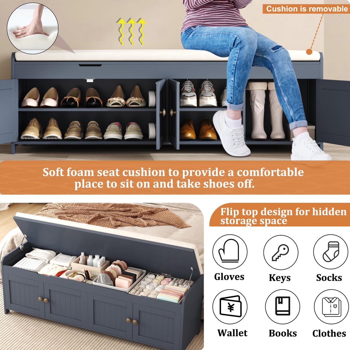 HOMEFORT 54.4" Shoe Bench with Lift Top Storage, Entryway Bench with Cushioned Seat, Wooden End of Bed Bench, Shoe Cabinet Bench with Hidden Storage Space, for Bedroom, Hallway,Blue HOMEFORT