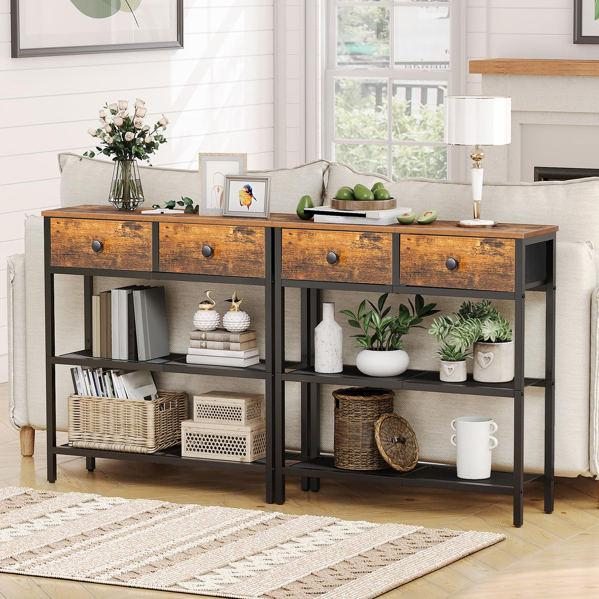 HOOBRO 29.5" Narrow Console Table with 2 Fabric Drawers, Small Entryway Table with 3-Tier Storage Shelves, Thin Sofa Table, Side Table, for Living Room, Hallway, Rustic Brown and Black BF72XG01 HOOBRO