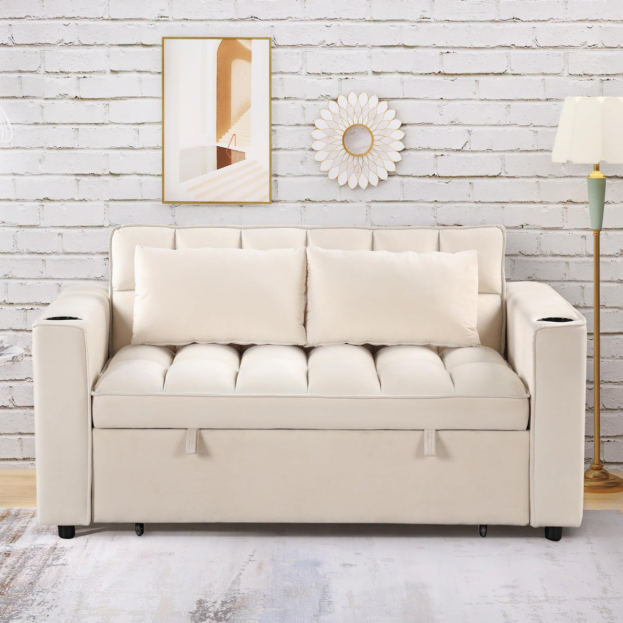 Merax 55.3" Loveseat with Pull Out Bed, Convertible Velvet Sleeper Sofa Bed with Cup Holder & USB Port, 2 Pillows, and Adjustable Backrest for Living Room or Apartments, Cream White Merax
