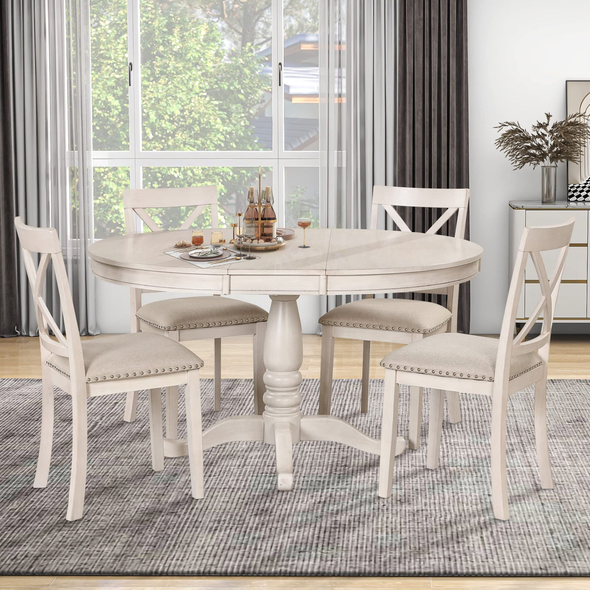 Voohek 5-Piece Kitchen Dining Set for 4, with Extendable Round Wood Table and Chair, Classic Family Furniture for Dinette, Compact Space, Antique White Voohek