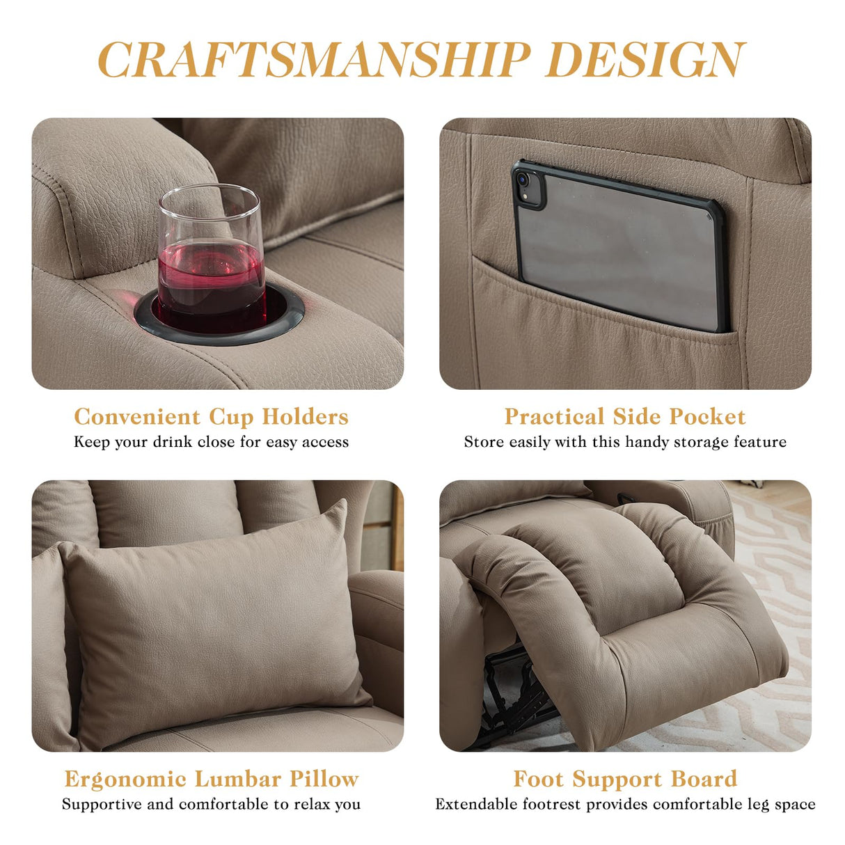 RV Loveseat Recliner Sofa,Reclining Loveseat Sofa Wall Hugger Recliners for Small Spaces, Double Manual Recliner Couches with Cup Holders for Living Room Furniture(Khaki, Loveseat) Generic