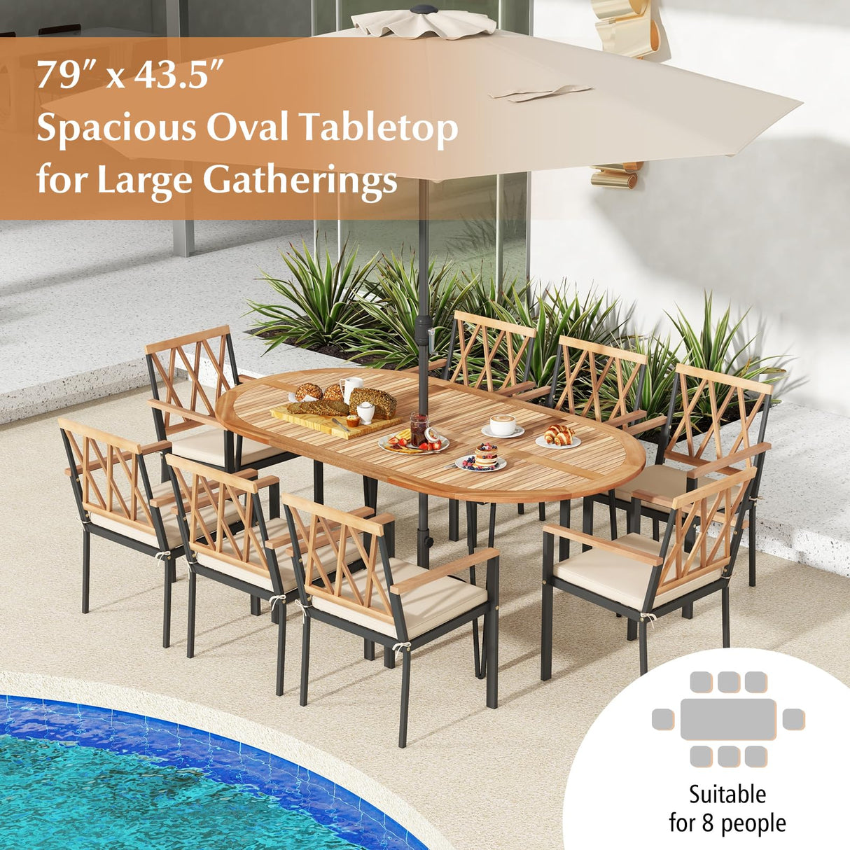 Tangkula 79-Inch Patio Dining Table, Indoor & Outdoor Dining Table w/Umbrella Hole, Acacia Wood Tabletop & Sturdy Metal Legs, Wood Oval Table for 8 People for Patio Yard Garden Deck (Natural) Tangkula