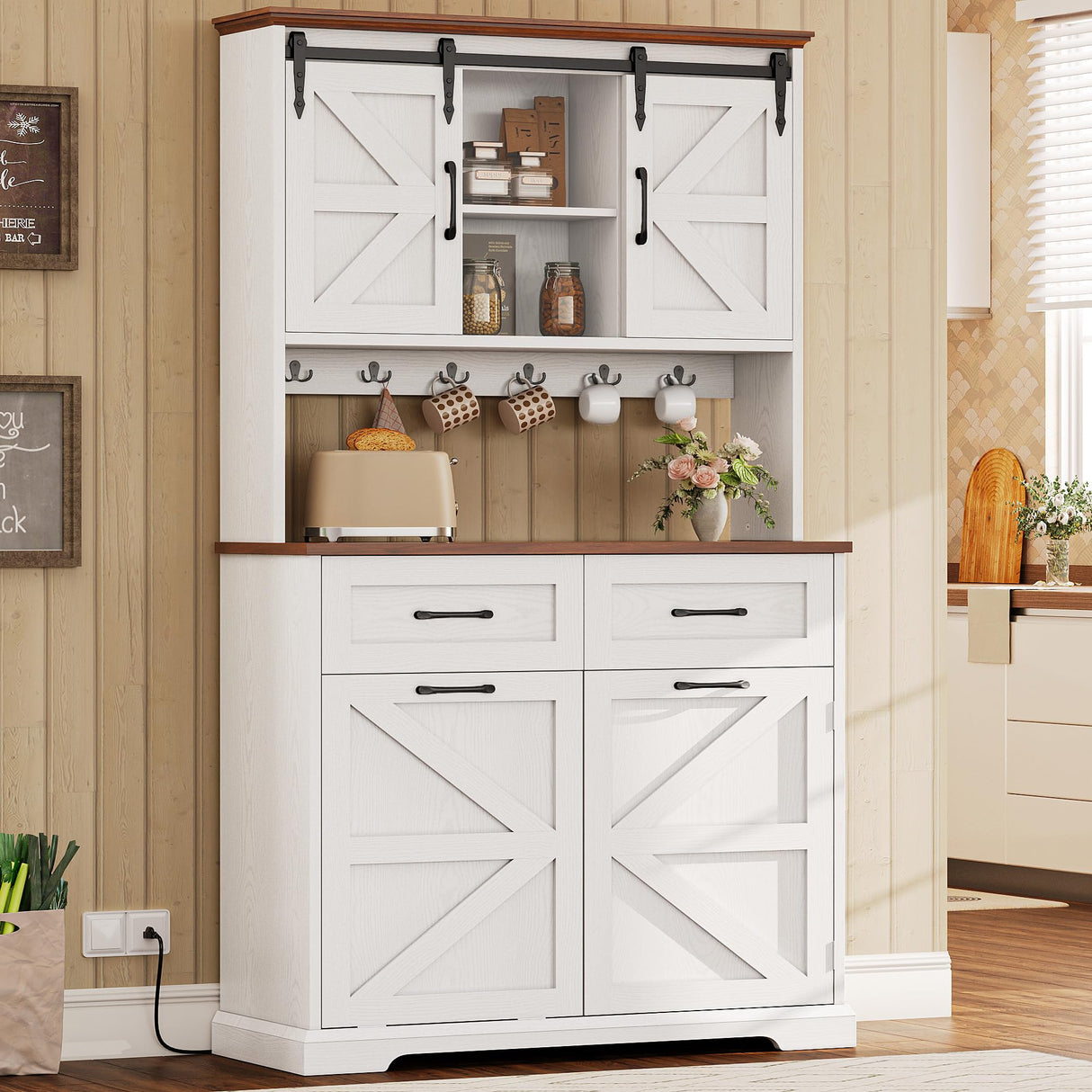 IRONCK 72" Kitchen Pantry Storage Cabinet, Farmhouse Kitchen Hutch with Microwave Stand & Charging Station, Freestanding Tilt Out Trash Can Cabinet for Dining Room, White IRONCK
