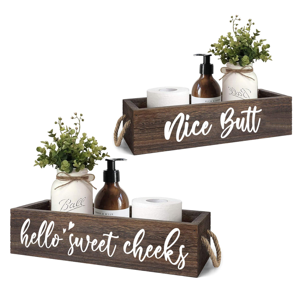 DOFAFALA MayAvenue Farmhouse Bathroom Decor Box Hello Sweet Cheeks Double Sided Wooden Toilet Paper Holder Tissue Box with Handles, Bathroom Signs (Brown) DOFAFALA