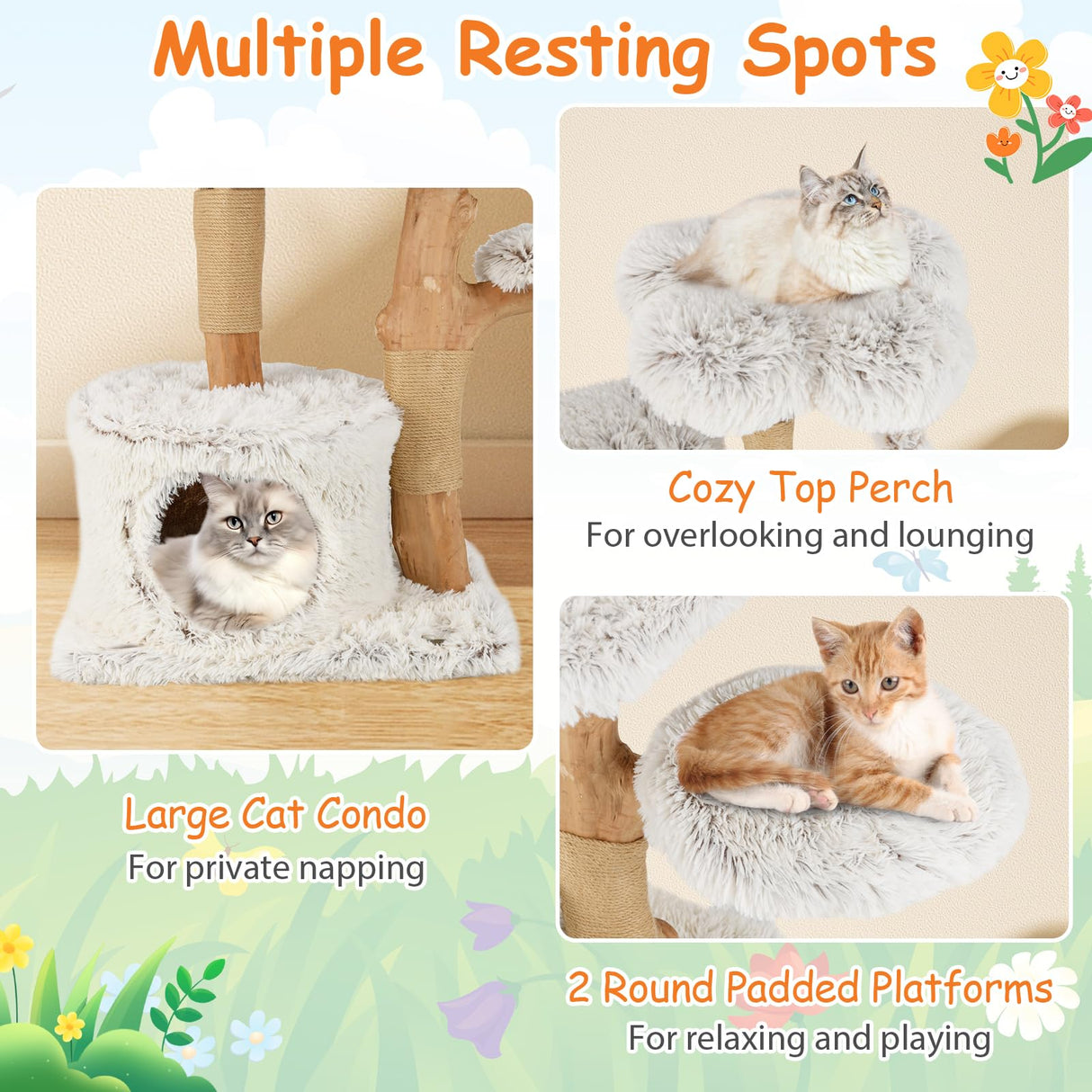 Tangkula Modern Cat Tree, 53 Inch Tall Natural Branch Wooden Cat Tower with Jute Scratching Posts, Plush Perch, Condo, Aesthetic Luxury Solid Wood Flower Cat Tree for Indoor Cats Large Adult (White) Tangkula