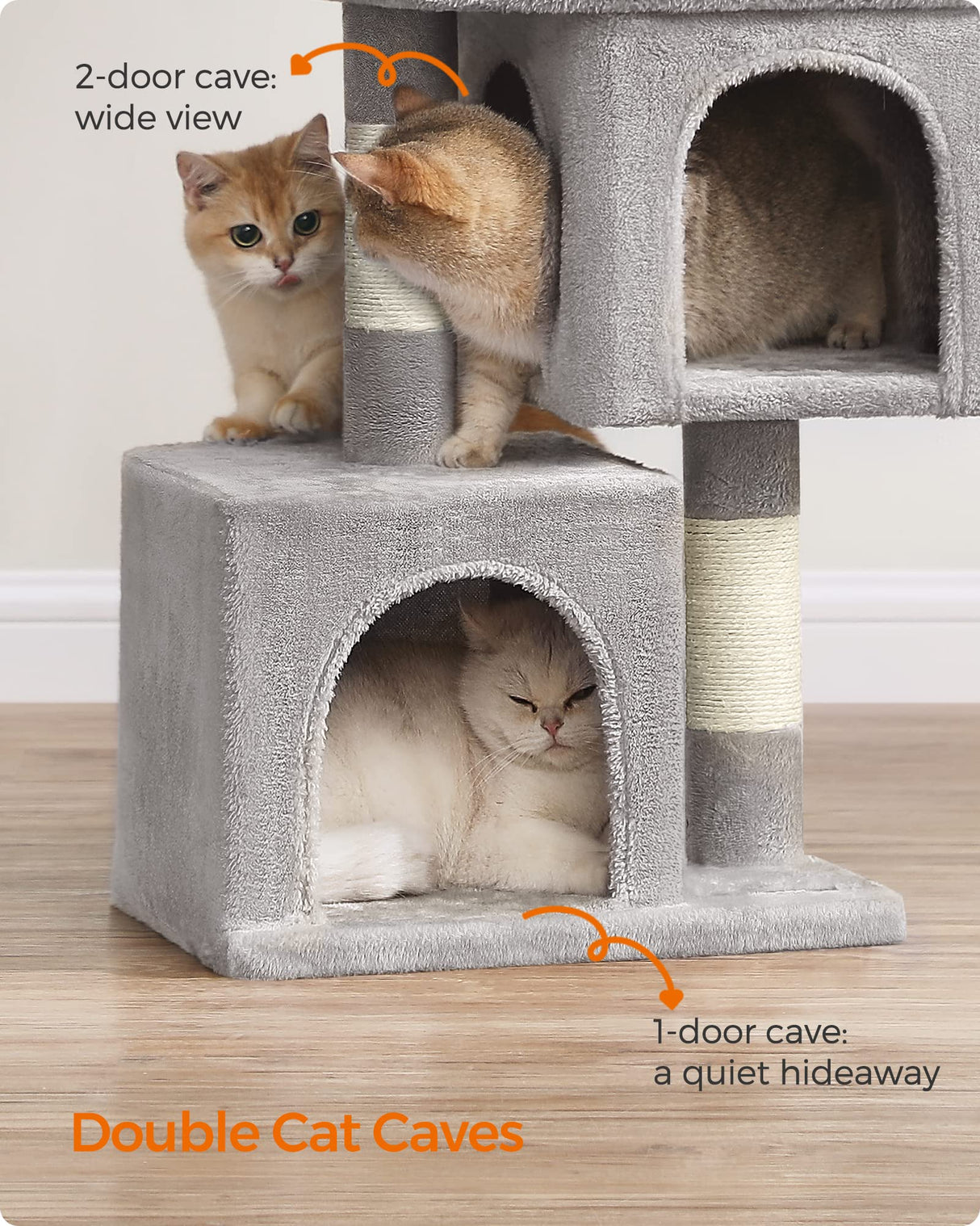 Feandrea Cat Tree, 26.4-Inch Cat Tower, S, Cat Condo for Kittens up to 7 lb, Large Cat Perch, 2 Cat Caves, Scratching Post, Light Gray UPCT611W01 Feandrea