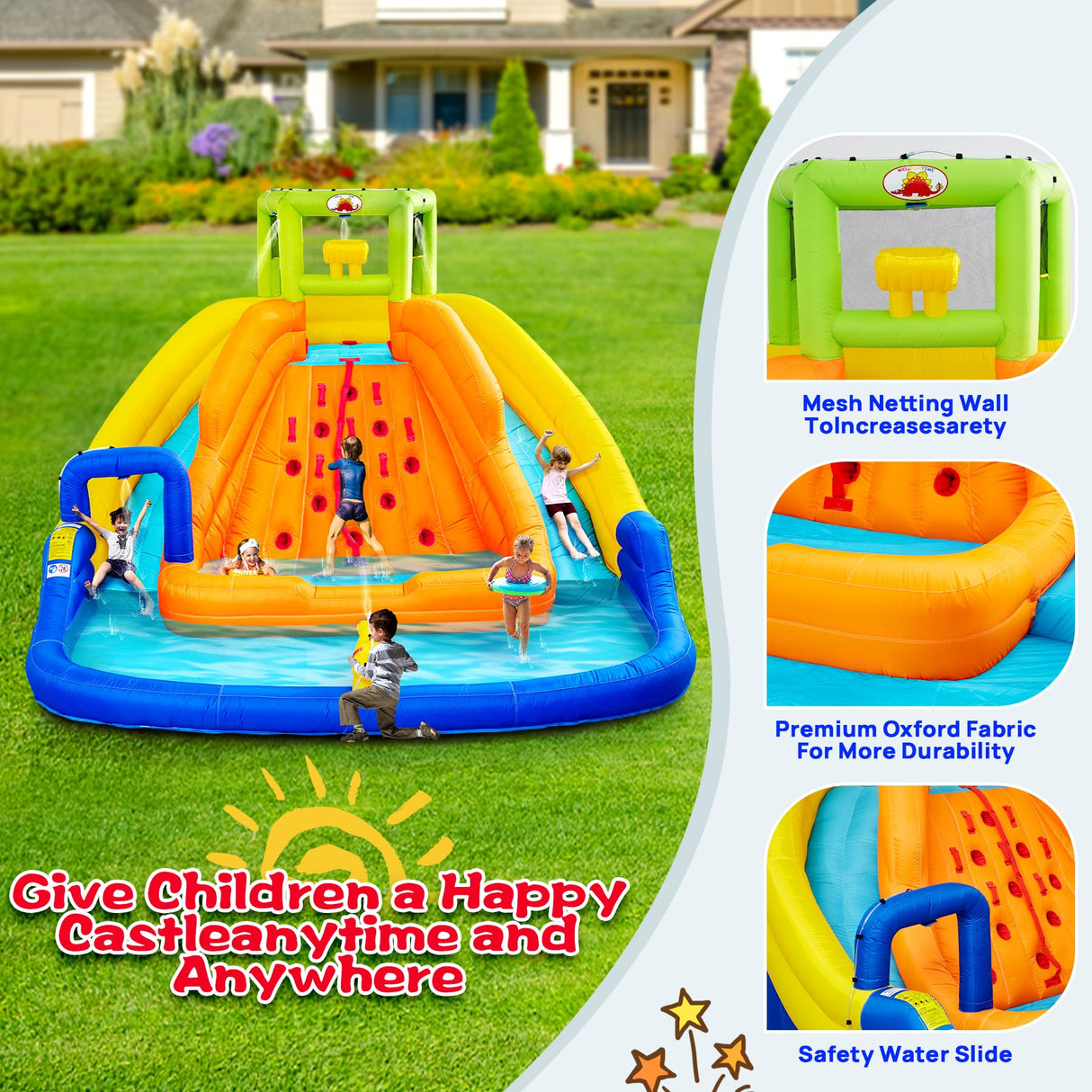 WELLFUNTIME Inflatable Water Slide, Bounce House with Water Bucket, Deep Pool, Climbing Wall with Rope, Bouncy Castle with Air Blower WELLFUNTIME