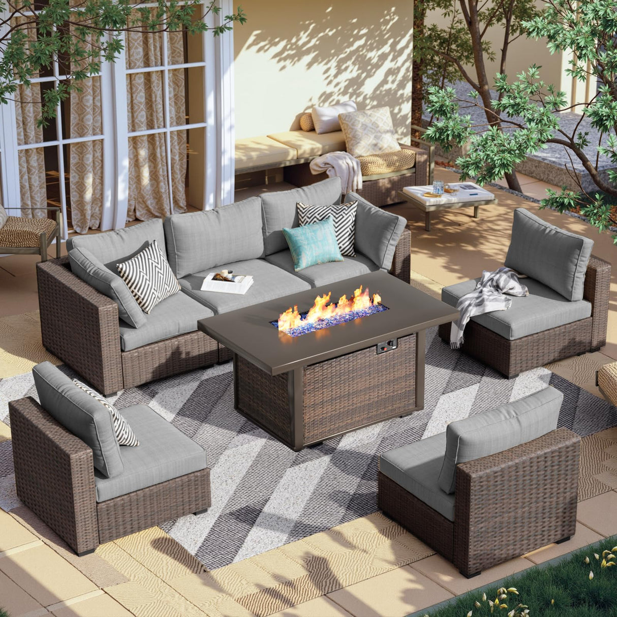 7 Piece Patio Furniture Set with Fire Pit Table, Rattan Outdoor Sectional Patio Conversation Sets with Seat Cushions for Backyard Deck Balcony Lawn and Garden, Grey gaildon
