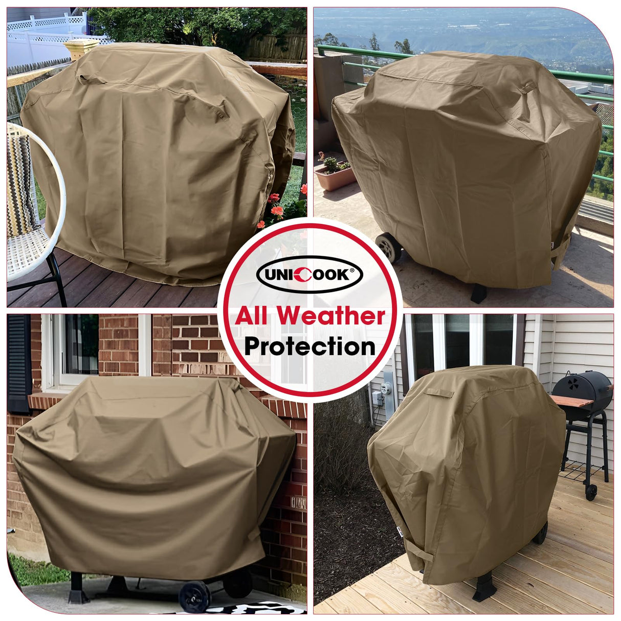 Unicook Grill Cover 60 Inch, Heavy Duty Waterproof BBQ Grill Cover for Outdoor Grill, Fade Resistant Gas BBQ Cover with Sealed Seam, Compatible with Weber Charbroil and More Grills, Neutral Taupe Unicook