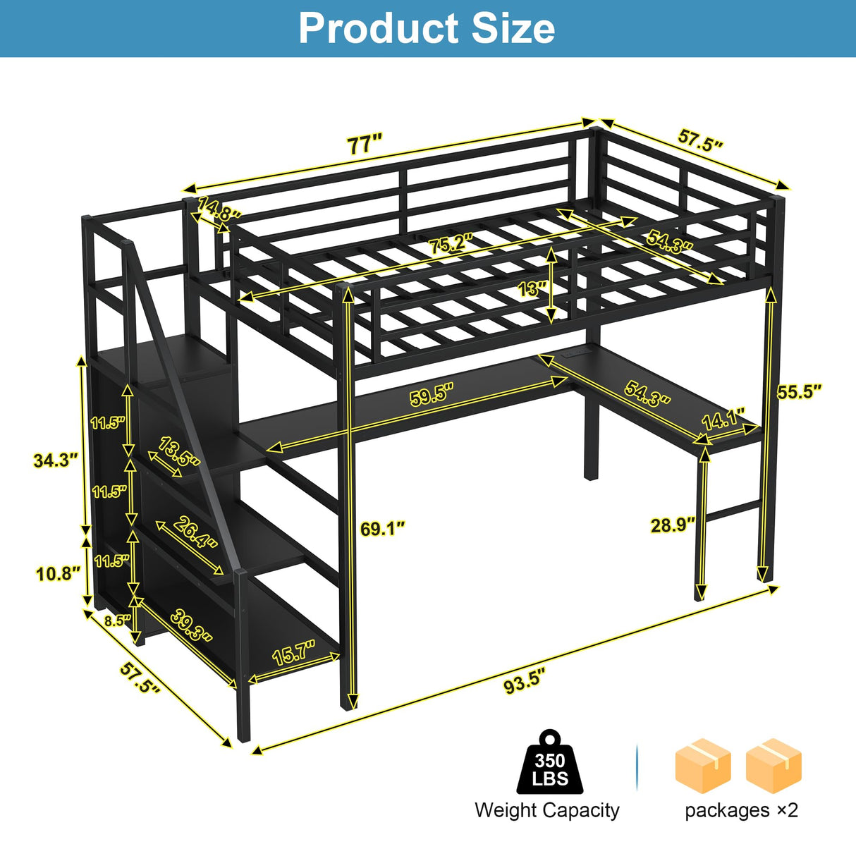 MAKIAAP Full Metal Loft Bed with Desk, Wardrobe & Storage Stairs – Heavy Duty Frame with LED Lights & Charging Station, Space-Saving Design for Adults & Teens (Black, Full) MAKIAAP