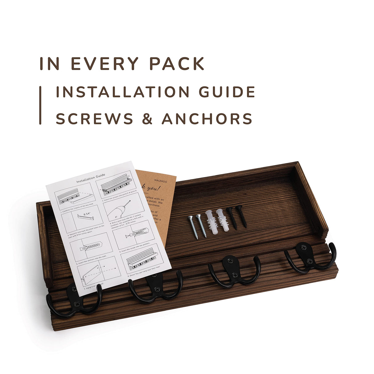 NAUMOO Natural Wooden Key Holder - Wall Mounted Mail Organizer and Key Hanger - Rustic Farmhouse Entryway Shelf with 4 Double Hooks - Decorative Rack for Car Keys, Wallet (Dark Brown) NAUMOO