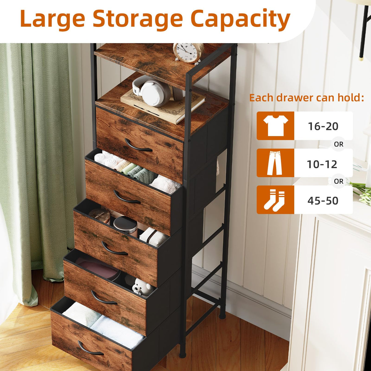 Somdot Tall Night Stand for Bedroom,Tall 5 Drawers Dresser, Vertical Storage Tower Unit, Nightstand Furniture with Fabric Drawer Organizer in Bedside Kids Room, Laundry Entryway, Wood Grain Print Somdot