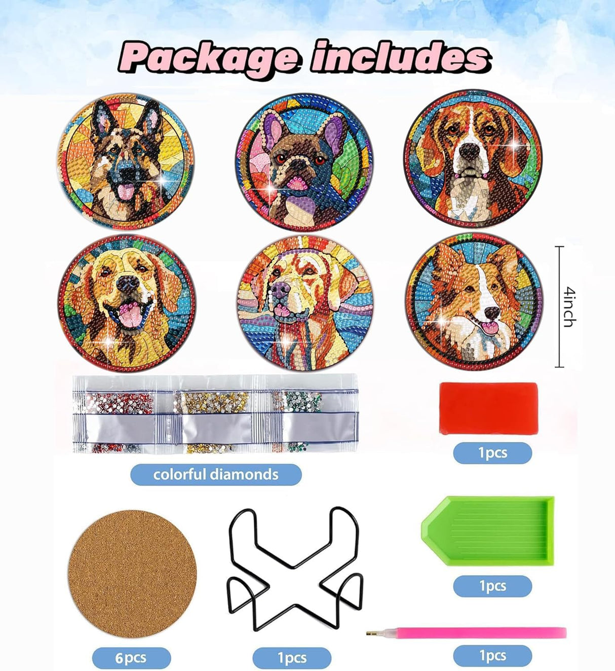 Puraikcmi 6pcs Dogs DIY Diamond Art Painting Kits Coasters with Holder, Diamond Coasters by Number Adults Crafts Full Drill Round Mosaic Stitch Art Craft Supplies Puraikcmi