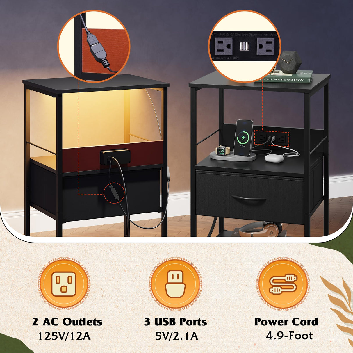 WLIVE Night Stand with Charging Station, LED Nightstand with Adjustable Fabric Drawer, 3-Tier Storage Bedside Table, Small End Side Tables for Bedroom, Black WLIVE