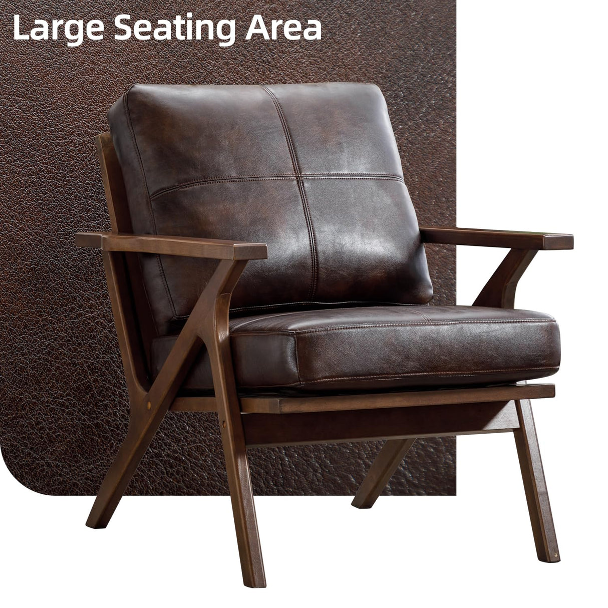 INZOY Mid-Century Modern Accent Chair with Wood Frame, PU Leather Living Room Chair and Soft Thick Padded Armchair for Living Room Bedroom Reception with Removable Upholstered Cushions, Brown INZOY