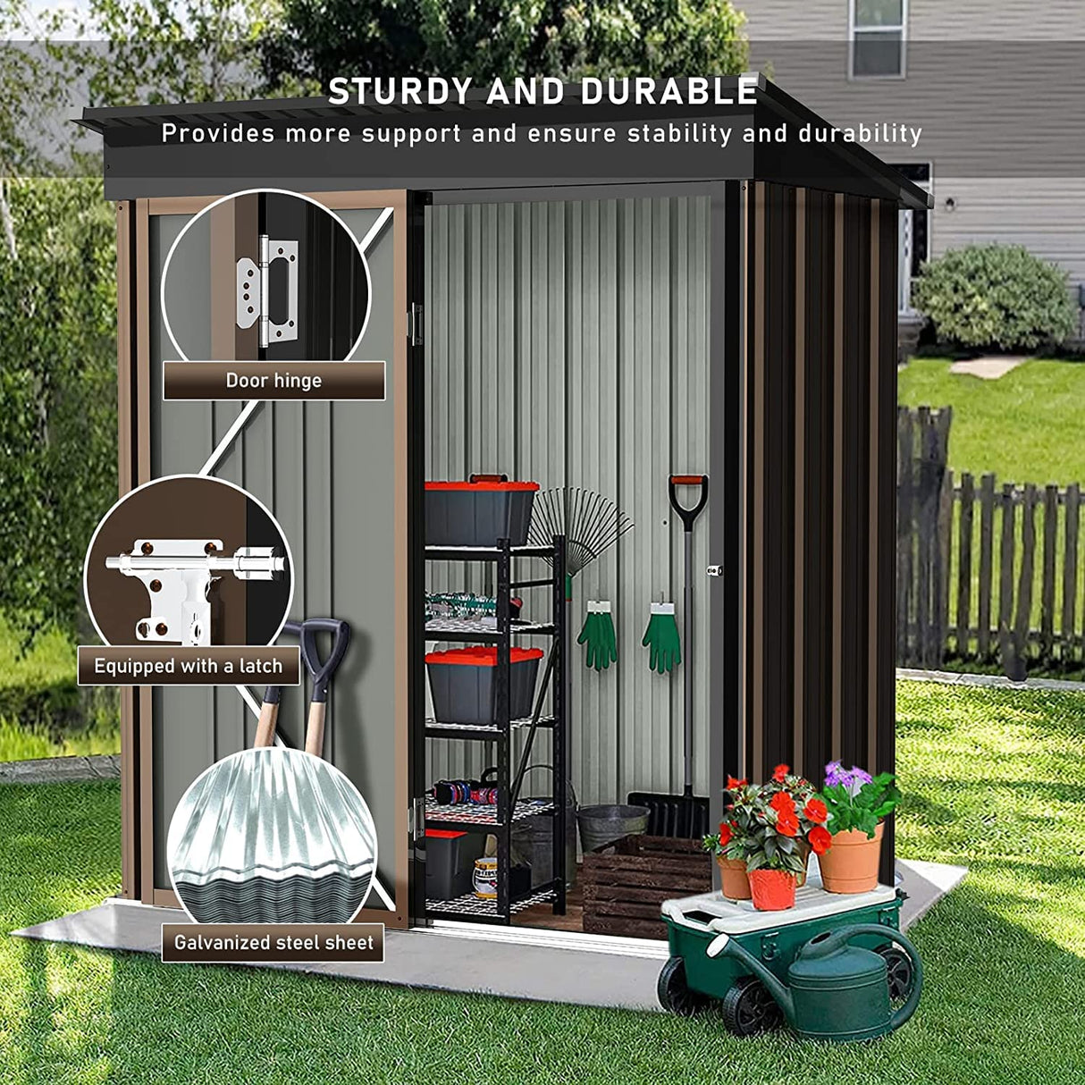LEMBERI 5x3 FT Outdoor Storage Shed with Floor,Tool Garden Metal Sheds with Lockable Door,Outside Waterproof Galvanized Steel Storage House for Backyard Garden, Patio, Lawn Brown LEMBERI