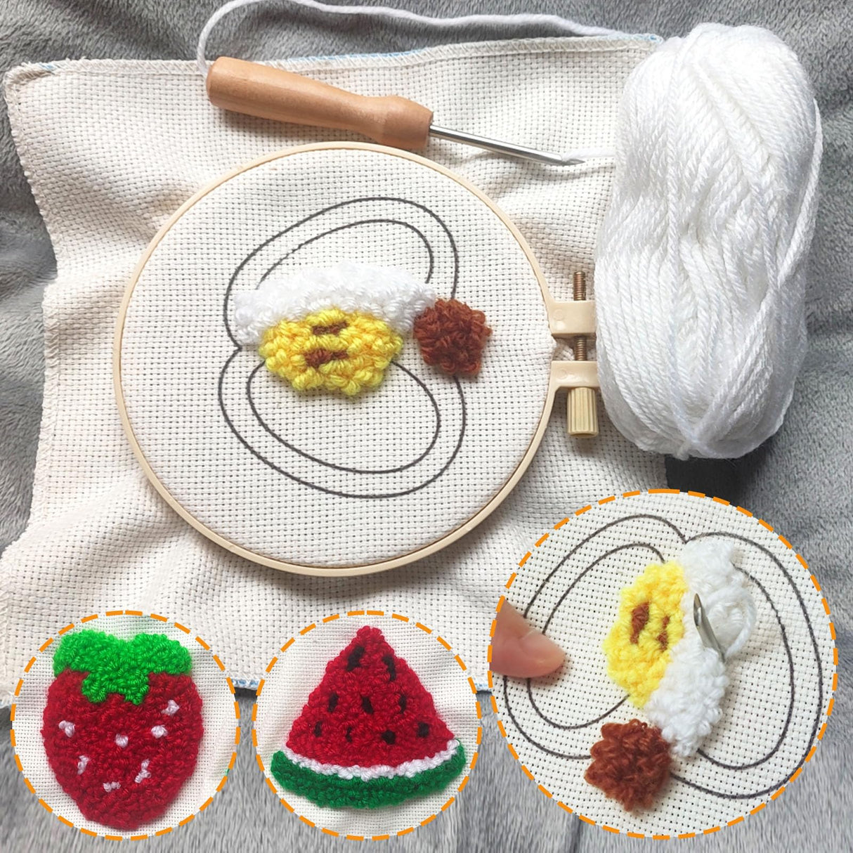Soleeya Punch Needle Kits Adults Beginner 8 Pcs Punch Needle Coaster Kit Fruit Patterns Stitching Punch Embroidery Including Yarn Hoop Needle and Video Tutorials, Rug Tufting Coaster DIY Craft Gifts Soleeya