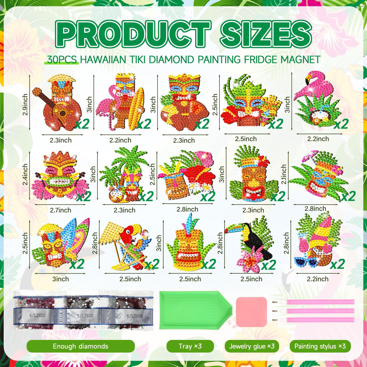 Kingdder 30 Pcs Hawaii Diamond Painting Magnets Kits Tiki Diamond Painting Art Refrigerator with Completed Tools for Summer DIY Craft Project, Party Favor, Fridge Locker Decor Kingdder