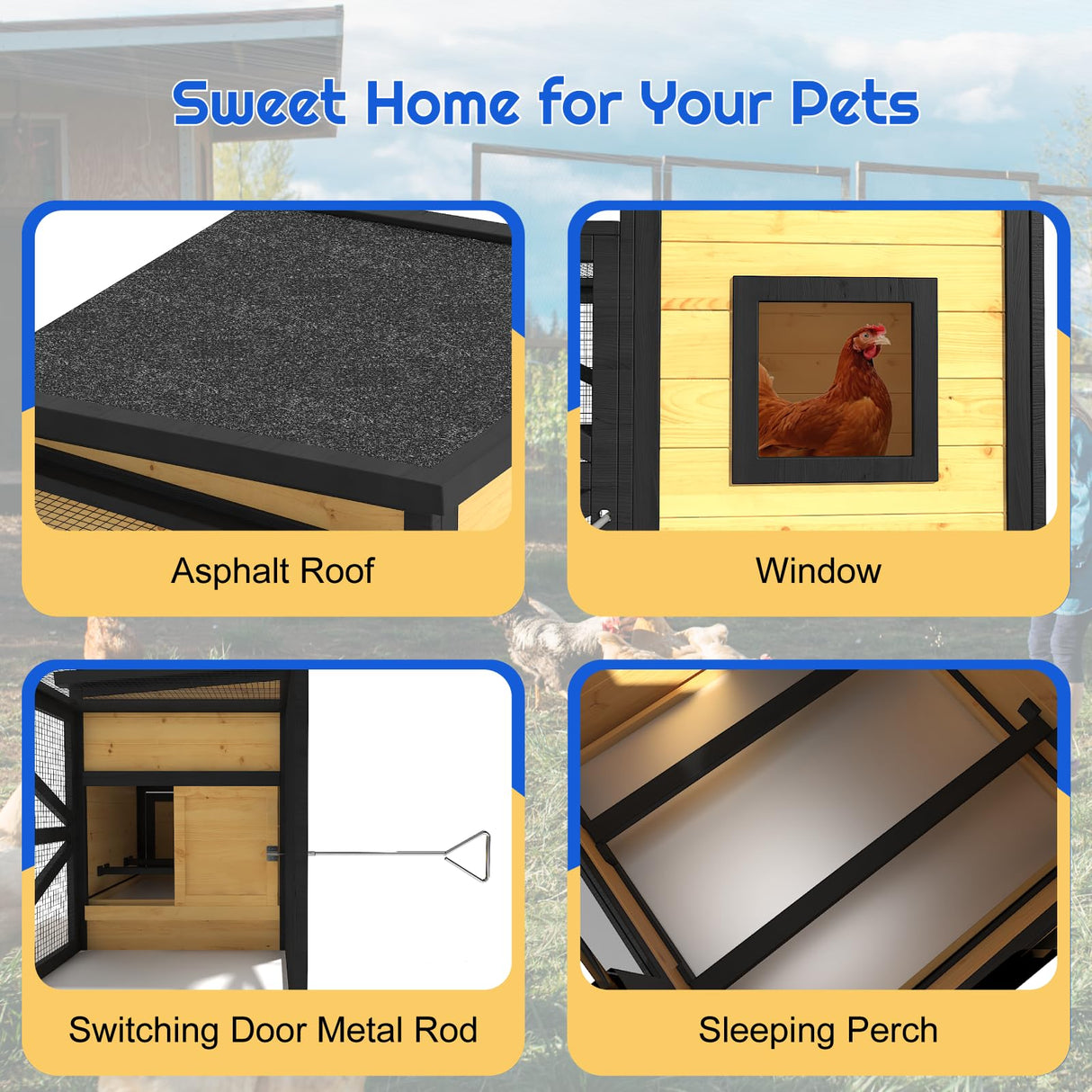 TIMHAKA 71'' Chicken Coop with Wheels, Outside Chicken House for 2-3 Chickens, Outdoor Wooden Mobile Duck Coops with Run & Waterproof Asphalt Roof, Removable Tray for Backyard Poultry Pet Hutch TIMHAKA