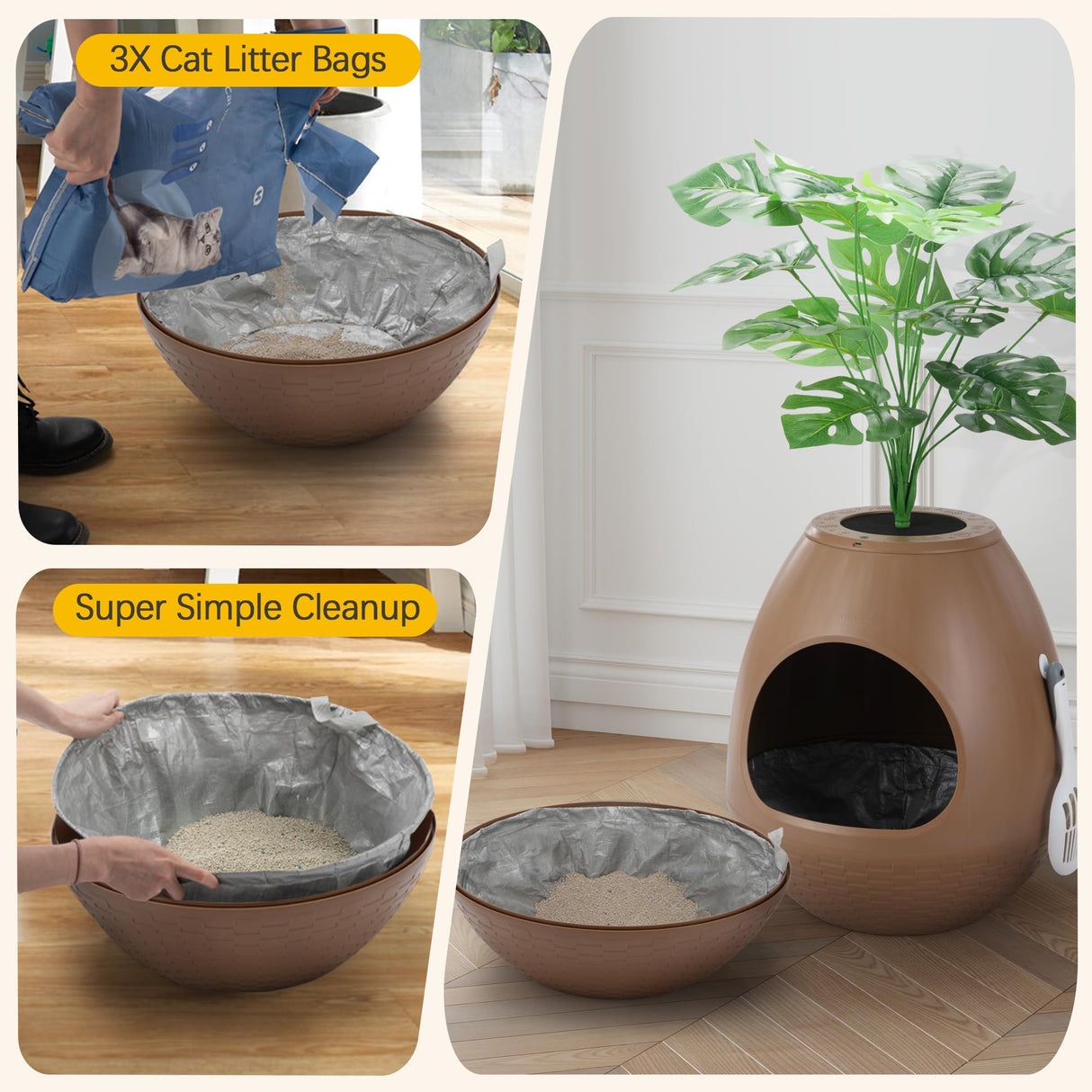 Eggloa6 Cat Litter Box Plant Enclosure β Secret Hidden Litter Box with Odor Removal Technology, Artificial Plants, and Scoop, Perfect for Housebreaking Cats and Small Pets (Brown) COZIWOW