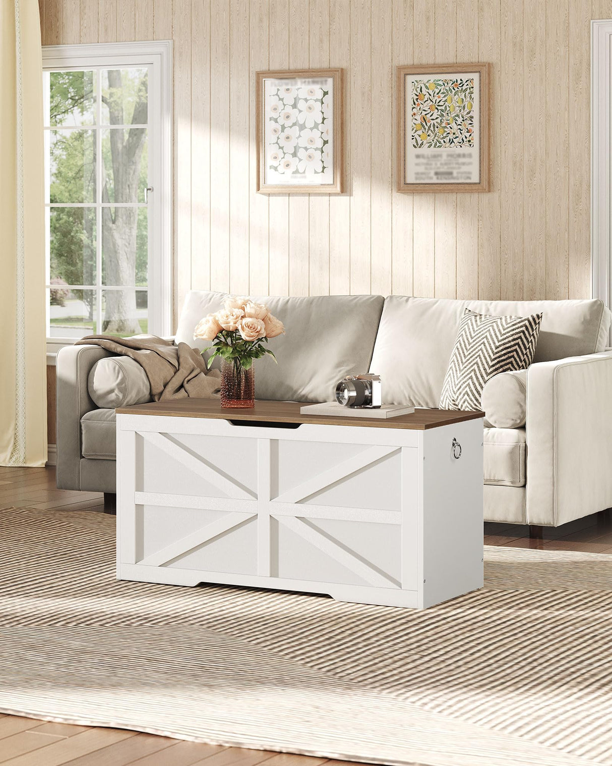 CHOEZON Storage Chest, 39.4" Wooden Storage Trunk, Modern Storage Bench with Safety Hinge, Toy Chest Storage, Farmhouse Style, for Bedroom, Living Room, Walnut and White MCW10WL CHOEZON