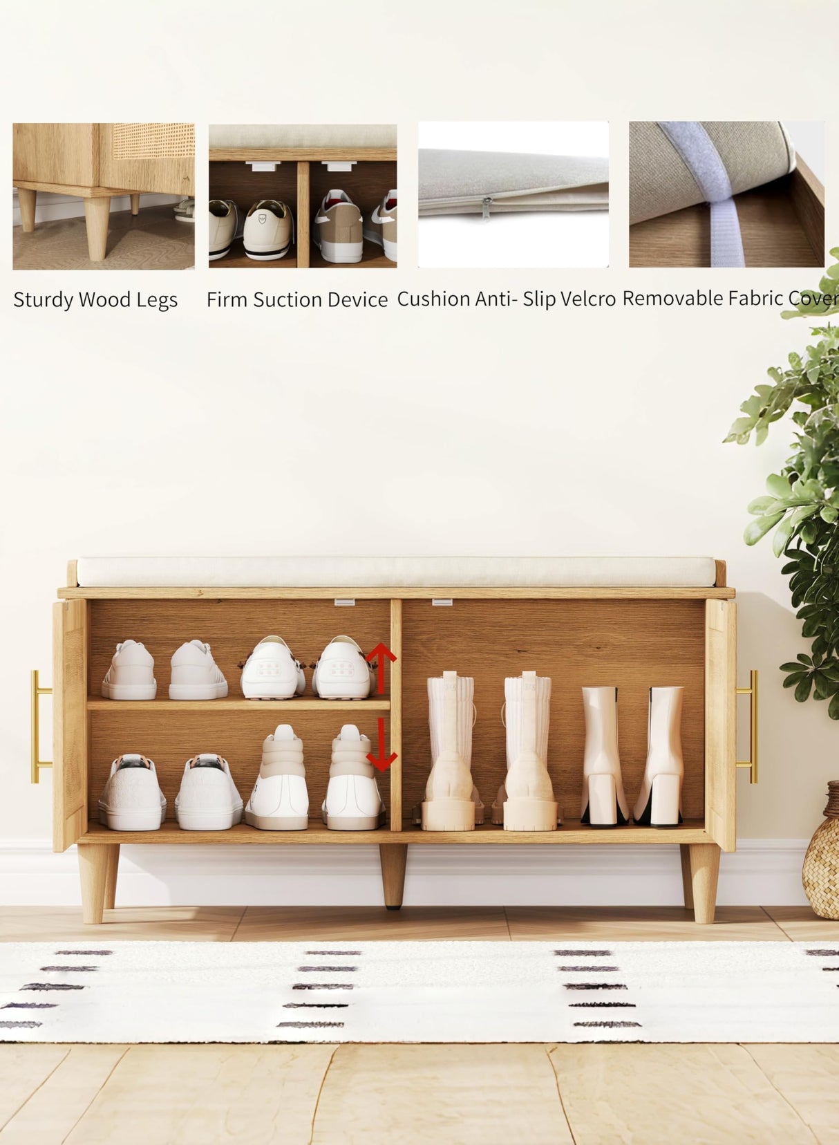 Akxomel Natural Rattan Shoe Storage Bench with Cushion, Entryway Shoe Cabinet Bench with 2 Doors, 15"D x 39.4"W x 20"H, Wooden Shoe Organizer, Adjustable Shelf, Solid Wood Legs, for Hallway, Bedroom Akxomel