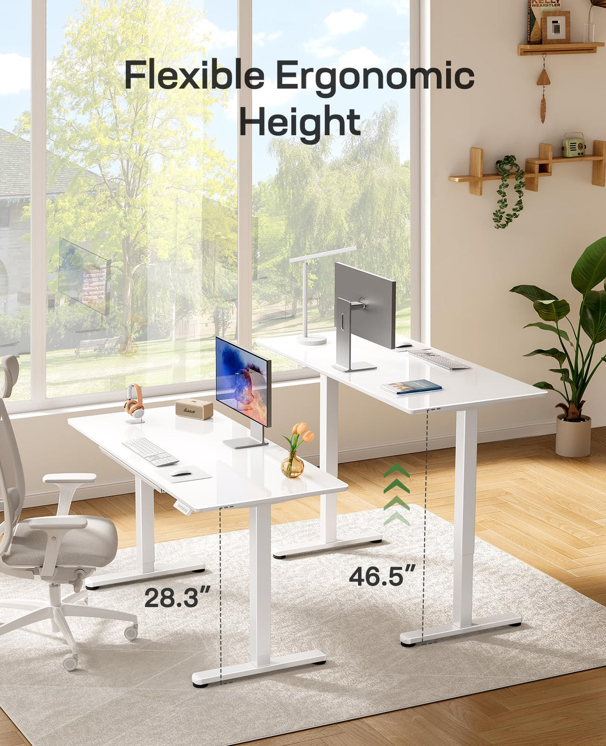 Marsail Glass Electric Standing Desk with Drawer, 55 x 28 Inches Height-Adjustable Desk, One-Piece Tempered Glass Top, Ergonomic Home Office Sit Stand Desk with 4 Preset Heights, White Marsail