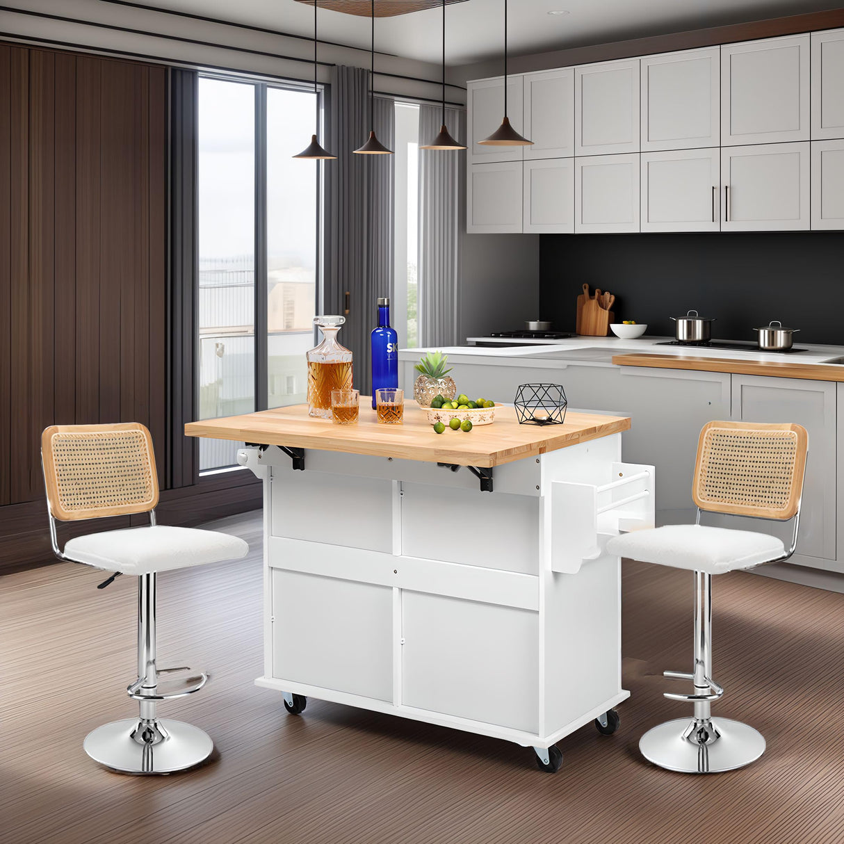 Finnhomy Rolling Kitchen Island With Drop Leaf, Thicken Rubberwood Top, Spice Rack, Towel Rack, Drawer, 43.3" Portable Mobile Kitchen Island Carts Table, Storage Cabinet, Both Wheels and Feet Included Finnhomy