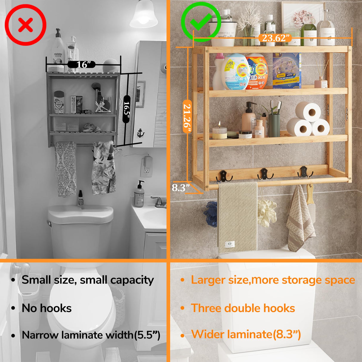 AMBIRD 3-Tier Bamboo Bathroom Shelf with Adjustable Height and Hooks AMBIRD