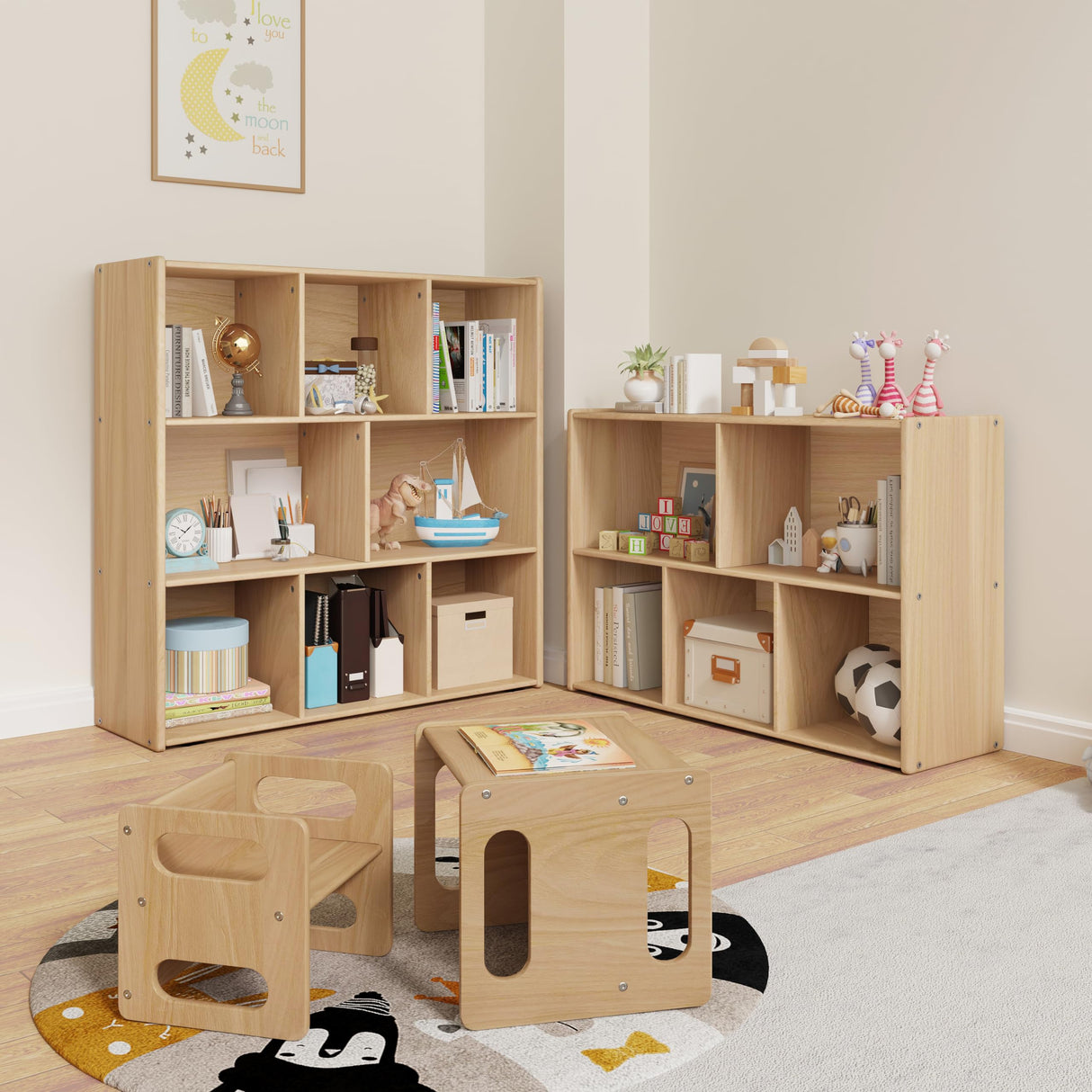 ERUGI 2-Tier Solid Wood Toy Organizer with 5 Compartments and Wheels for Kids Rooms & Playrooms ERUGI