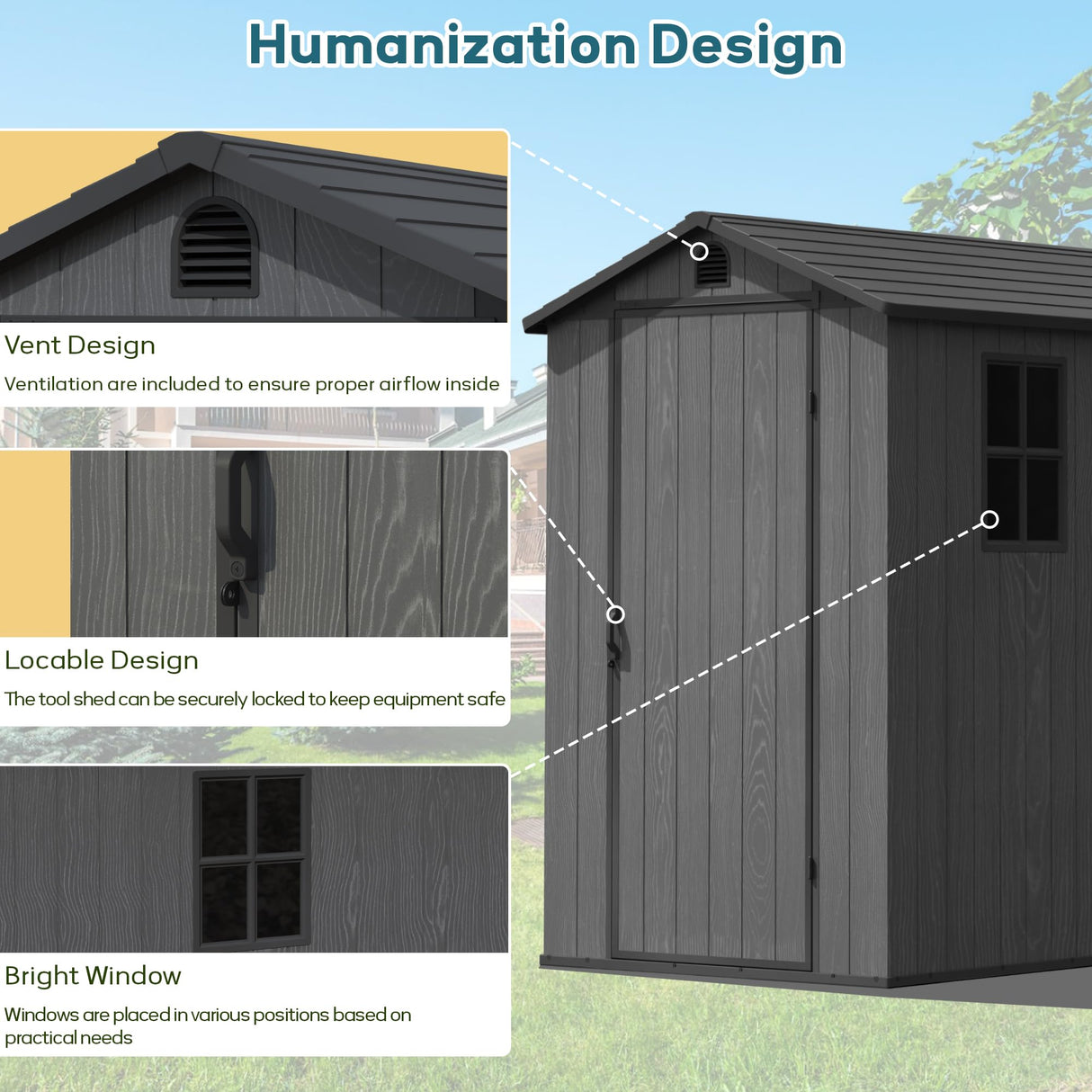 Greesum 4×6FT Plastic Outdoor Storage Shed with Floor, Resin Storaged Sheds with Lockable Door, Window & Vent, All-Weather Tool Sheds for Garden, Backyard, Patio, Dark Gray (One-Piece Panel) Greesum