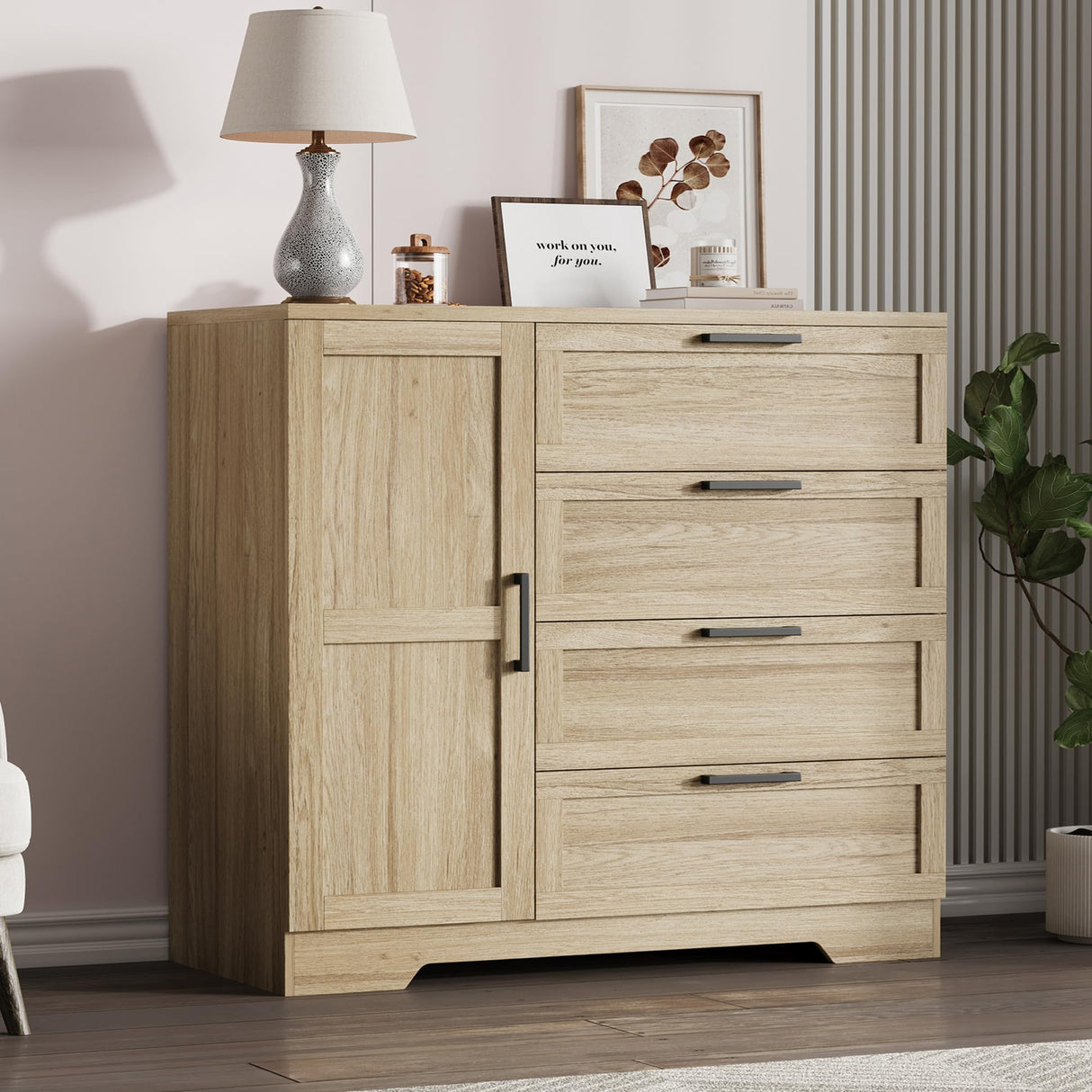 IDEALHOUSE 43.3'' H Armoire Wardrobe Closet with 4 Drawers and Hanging Rod, Multifunctional Wood 4 Drawers Dresser with Storage Closet, Clothing Storage Cabinets for Bedroom, Natural Oak IDEALHOUSE