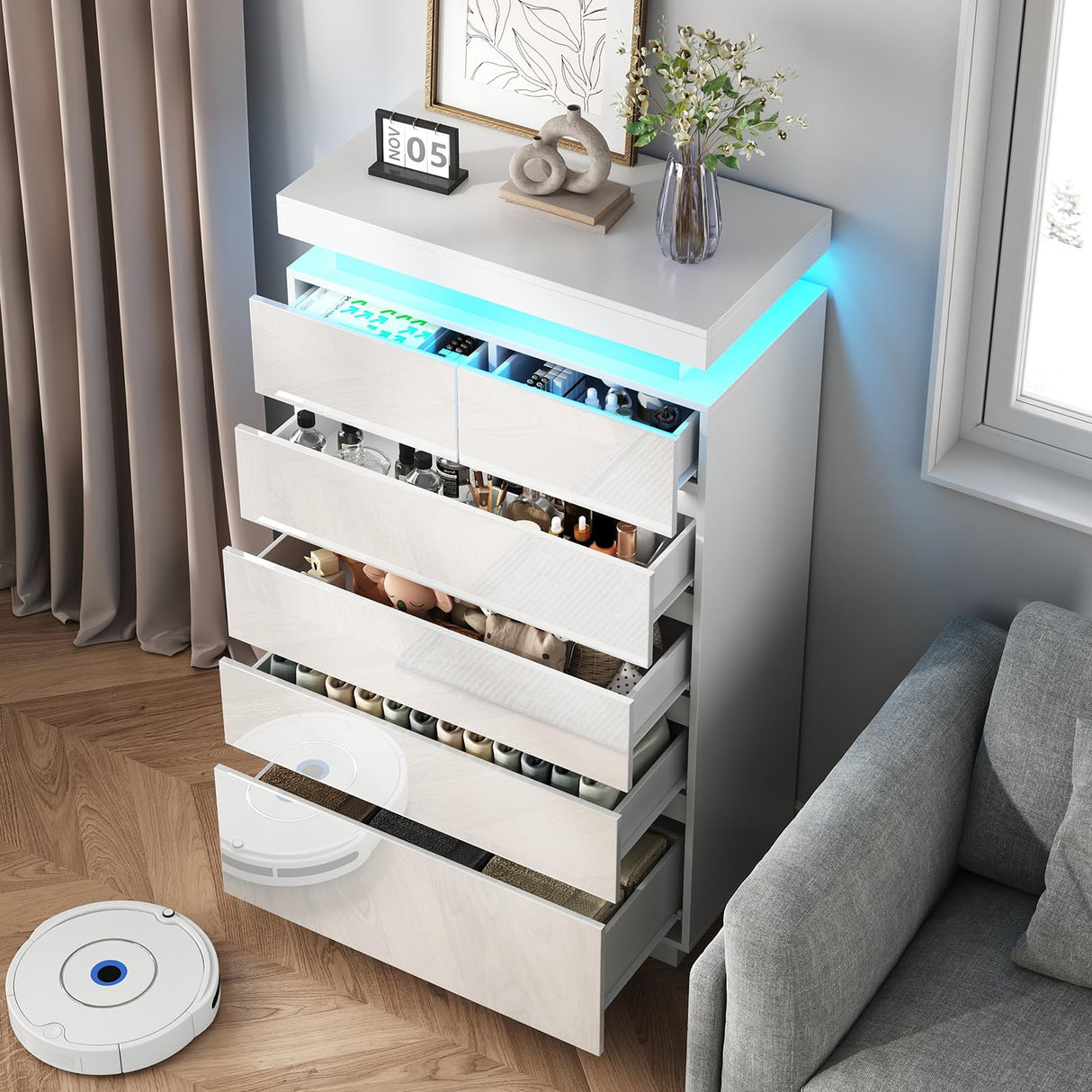 Seeday 6 Drawer Dresser for Bedroom with LED Lights, White Modern High Gloss Chest of Drawers for Closet, Tall Drawer with Adjustable LED Light, for Living Room, Entryway, Dressing Room Seeday