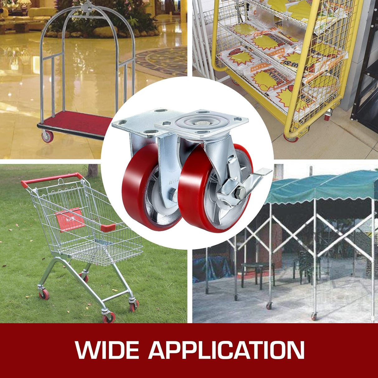 VEVOR Caster Wheels Set of 4, 6" Heavy Duty Casters (2 Rigid and 2 Swivel Casters with Side Brake) Polyurethane Iron Core Plate 4000LBS Capacity VEVOR