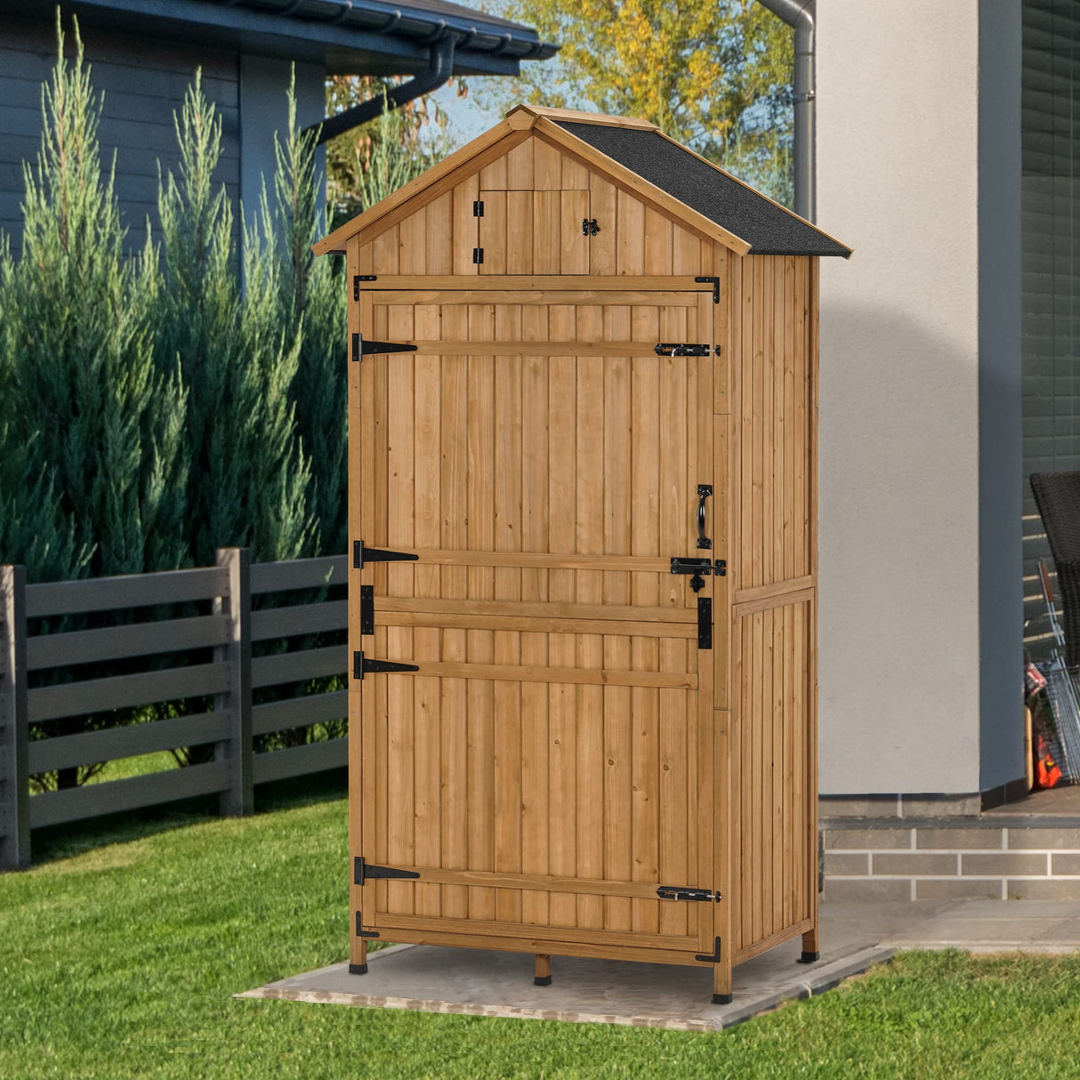 MCombo Large Outdoor Storage Shed with Adjustable Shelves, Outdoor Storage Cabinet with Lock, Wood Garden Tool Shed for Outside, Backyard and Patio (38x24x82 inch) 6056-1970 (Natural) MCombo