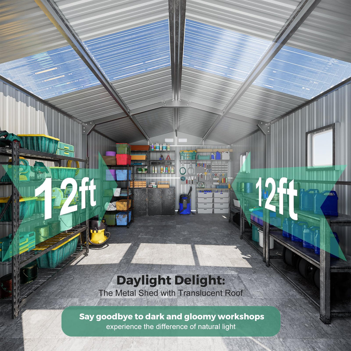 Metal Shed 10x12 Reinforced Sheds Outdoor Storage, Natural Lighting Tool Sheds with Translucent Roof Panels, Windows, and Lockable Doors, Ideal for Garden, Backyard, and Patio WACASA