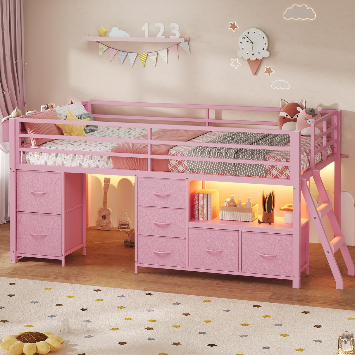 ADORNEVE Low Loft Bed Twin Size with 7 Storage Drawers, Bookcase and LED Lights, Metal Kids Loft Bed with 14" H Safety Guardrail,Inclined Ladder and Play Curtain, Under-Bed Play Space,Pink ADORNEVE