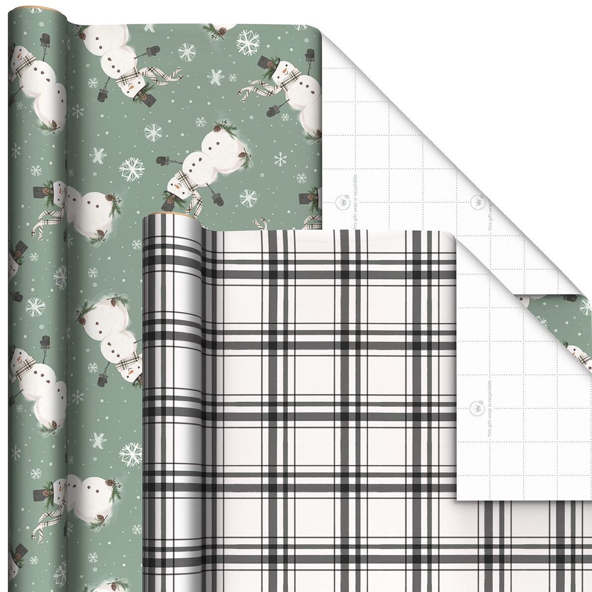Hallmark Recyclable Neutral Christmas Wrapping Paper (4 Rolls: 100 Sq. Ft. Ttl) White and Sage Green Evergreen Pinecones, Rustic Snowmen, Plaid, Nordic Deer and Foliage Hallmark